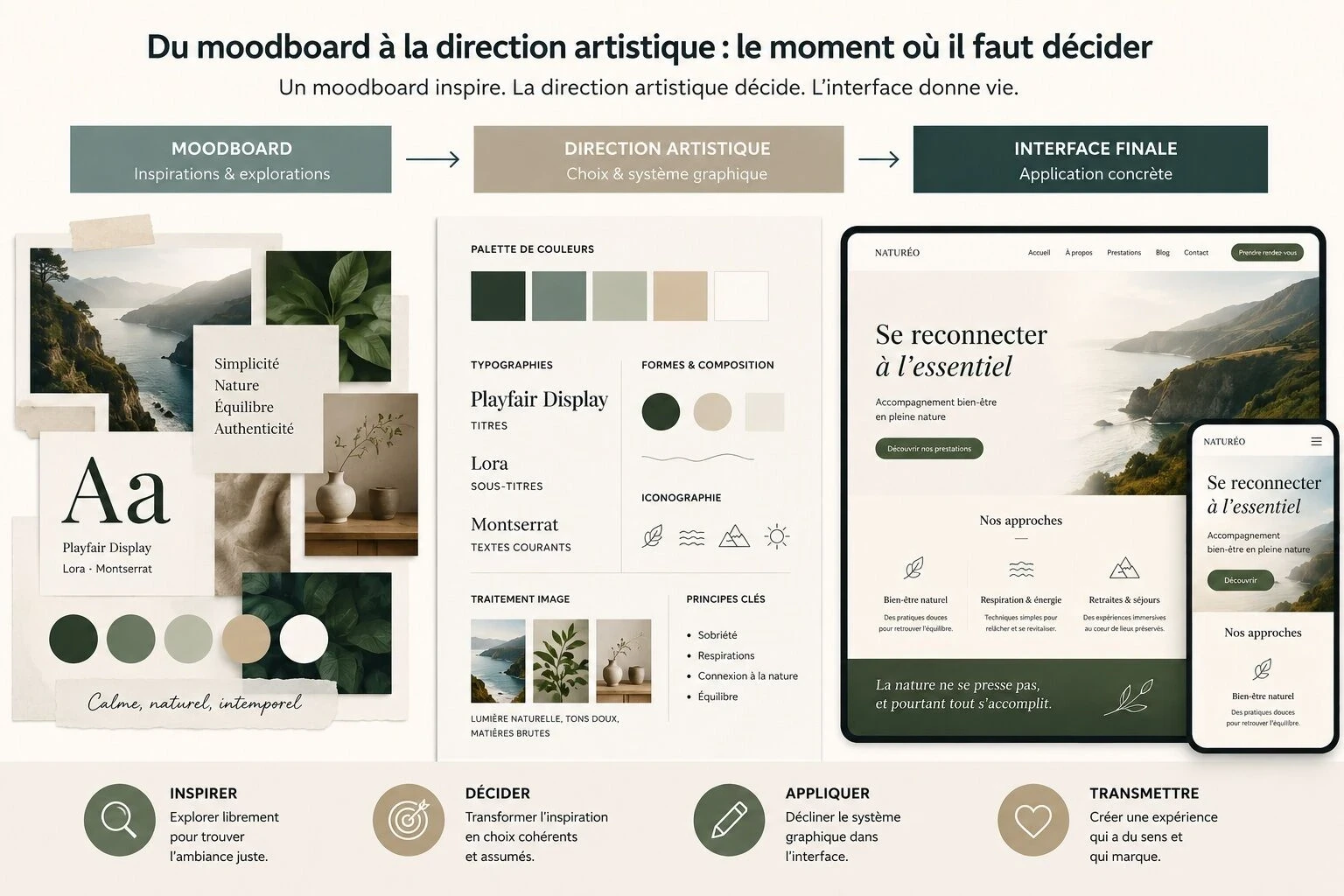 Transformation d’une collecte d’inspirations en choix graphiques cohérents grâce à la sélection des couleurs, typographies, formes, matières et ambiances.