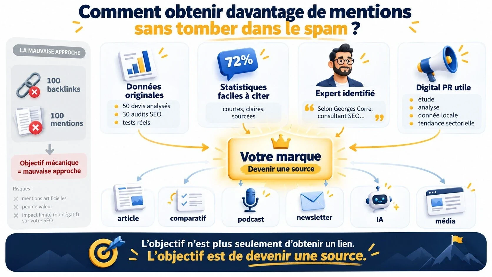 Infographie expliquant comment obtenir davantage de mentions de marque grâce aux données originales, aux statistiques, aux experts identifiés et à la Digital PR.