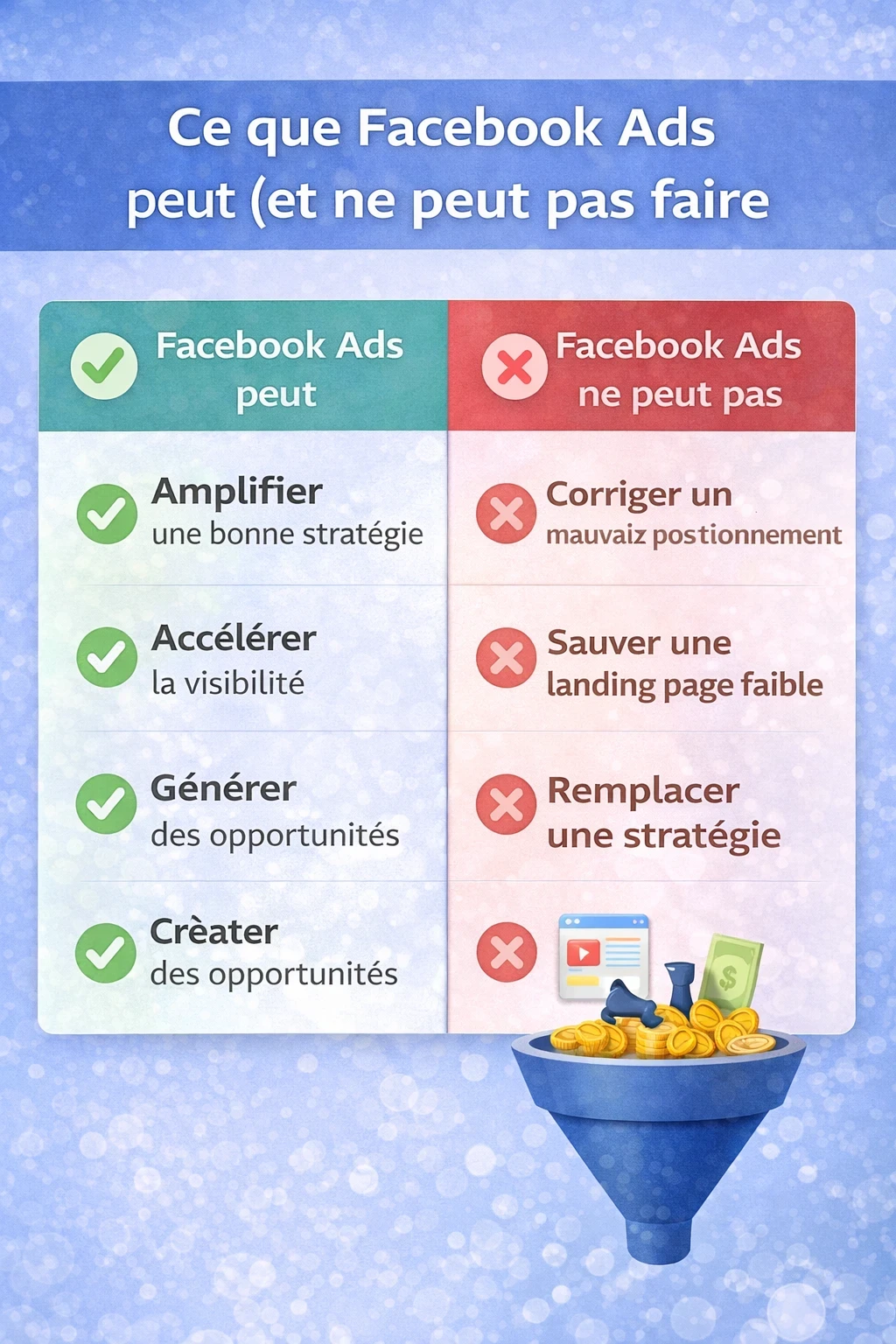 Infographie en deux colonnes montrant les capacités et les limites de Facebook Ads, avec d’un côté ce que la publicité Facebook peut faire (amplifier une stratégie, accroître la visibilité, générer des opportunités) et de l’autre ce qu’elle ne peut pas faire (corriger un mauvais positionnement, remplacer une stratégie, sauver une page de destination inefficace).