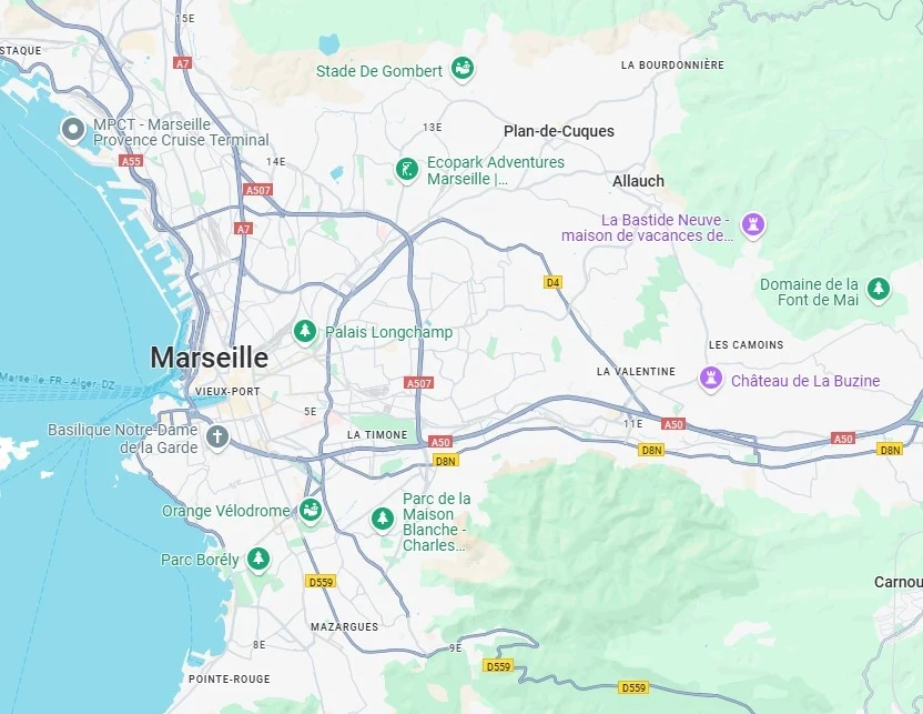 exemple de google map centré sur la ville de Marseille