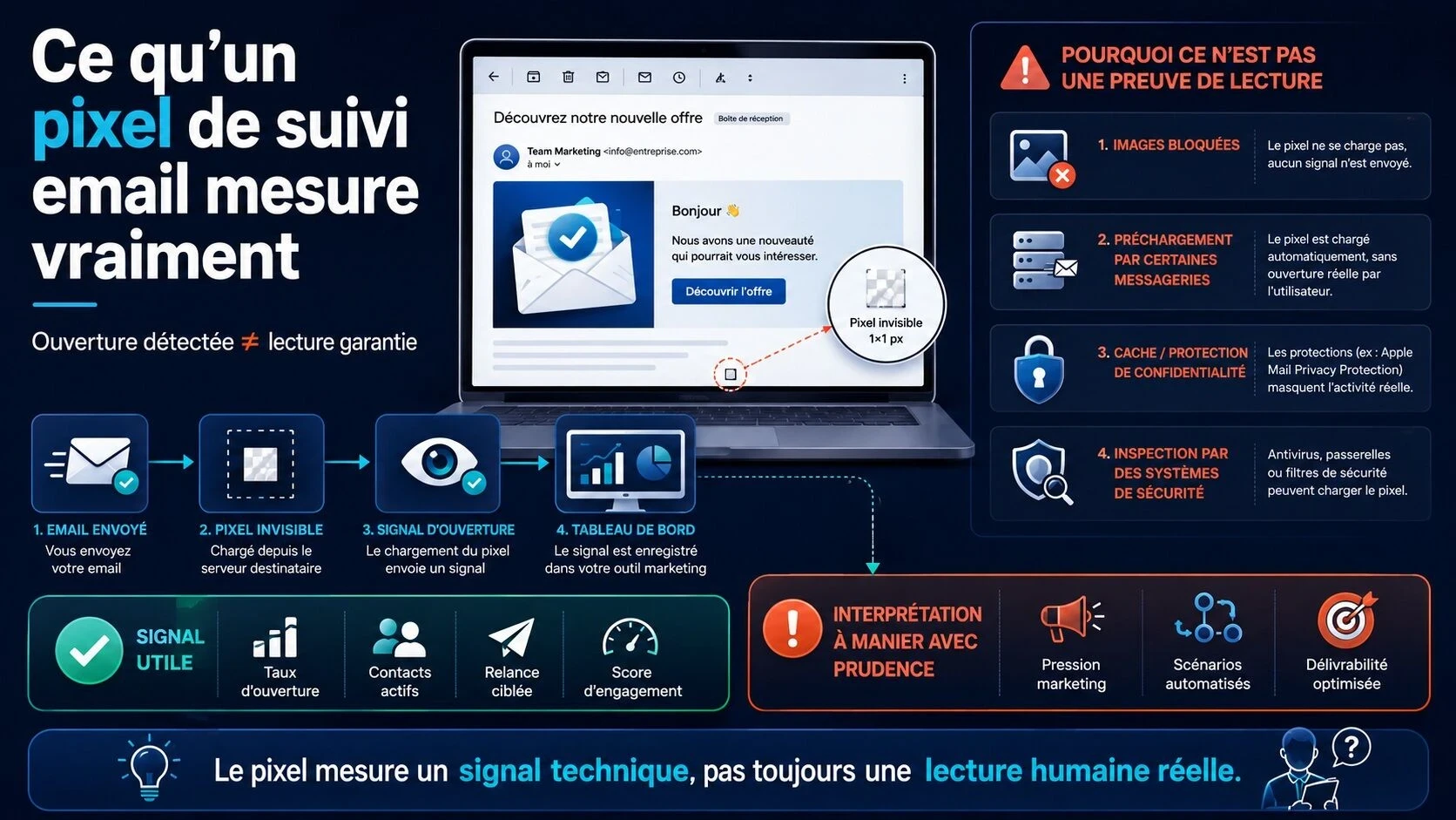 Infographie expliquant le fonctionnement d’un pixel de suivi email : le chargement d’une image invisible envoie un signal d’ouverture, sans garantir une lecture réelle à cause du blocage des images, du préchargement et des protections de confidentialité.