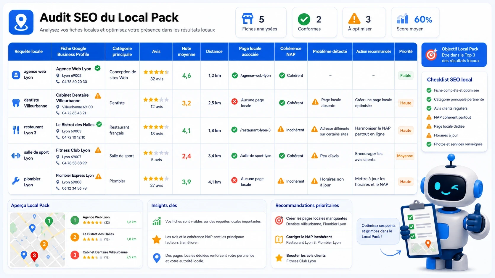 Tableau visuel d’audit SEO local avec fiche Google Business Profile, avis, NAP, pages locales et actions recommandées.