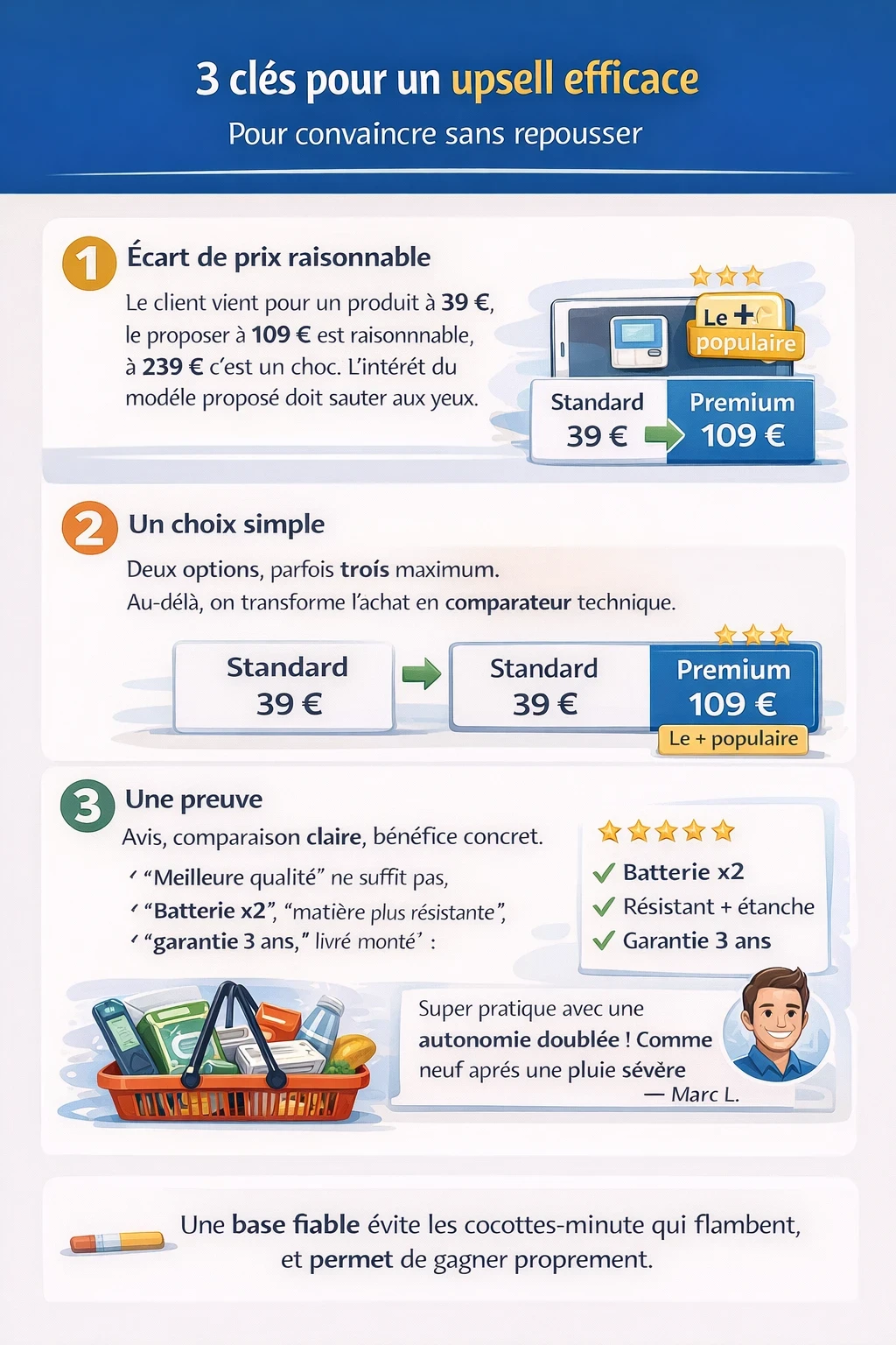 Infographie “3 clés pour un upsell efficace” : 1) écart de prix raisonnable entre offre standard et premium, 2) choix simple avec deux ou trois options максимум, 3) preuve par avis et bénéfices concrets (batterie x2, matière plus résistante, étanche, garantie 3 ans), illustrée par des cartes produit et une note clients.