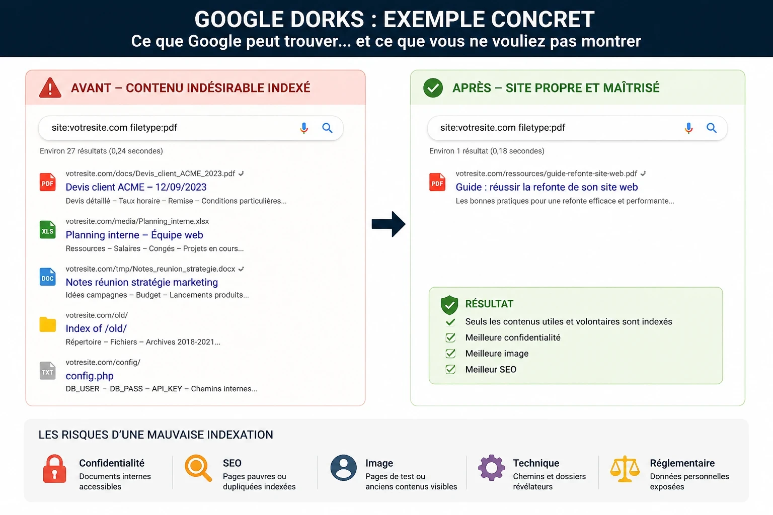 Illustration comparant une mauvaise indexation Google avec des fichiers internes exposés et un site web corrigé où seuls les contenus utiles sont indexés.