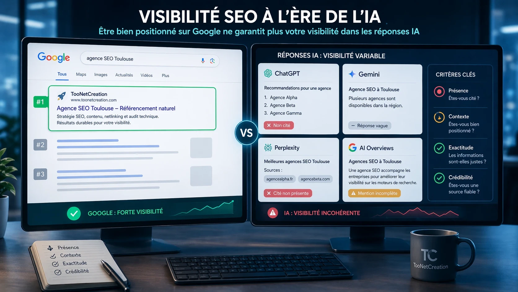 Comparaison entre visibilité Google et visibilité IA montrant qu’un bon positionnement SEO ne garantit pas toujours une présence dans ChatGPT, Gemini, Perplexity ou Google AI Overviews