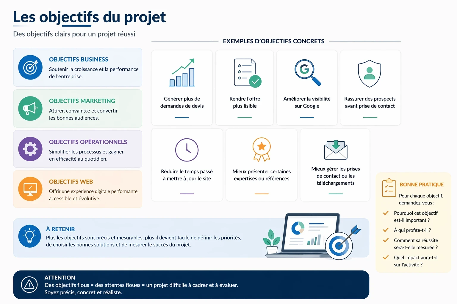 Illustration des objectifs d’un projet de site internet, présentant des objectifs business, marketing, opérationnels et web, avec des exemples concrets comme générer plus de devis, améliorer la visibilité sur Google et mieux gérer les prises de contact.