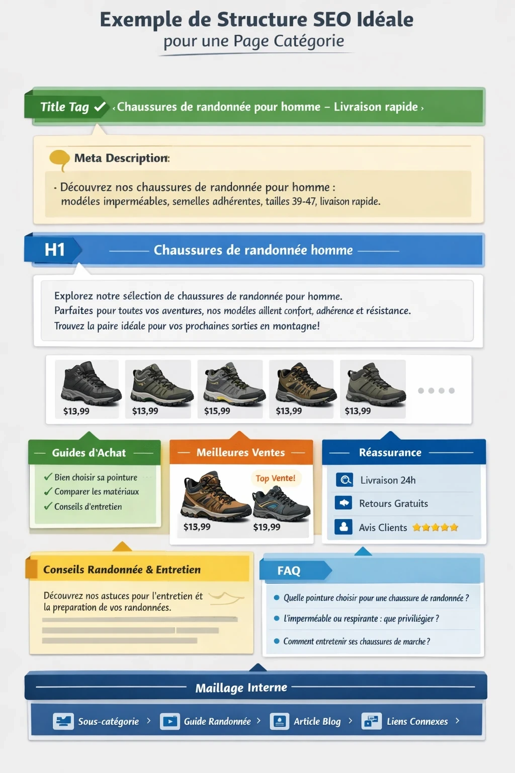 Infographie : exemple de structure SEO idéale d’une page catégorie e-commerce (Title, meta description, H1, intro, grille produits, guides d’achat, réassurance, FAQ et maillage interne) sur le thème des chaussures de randonnée.