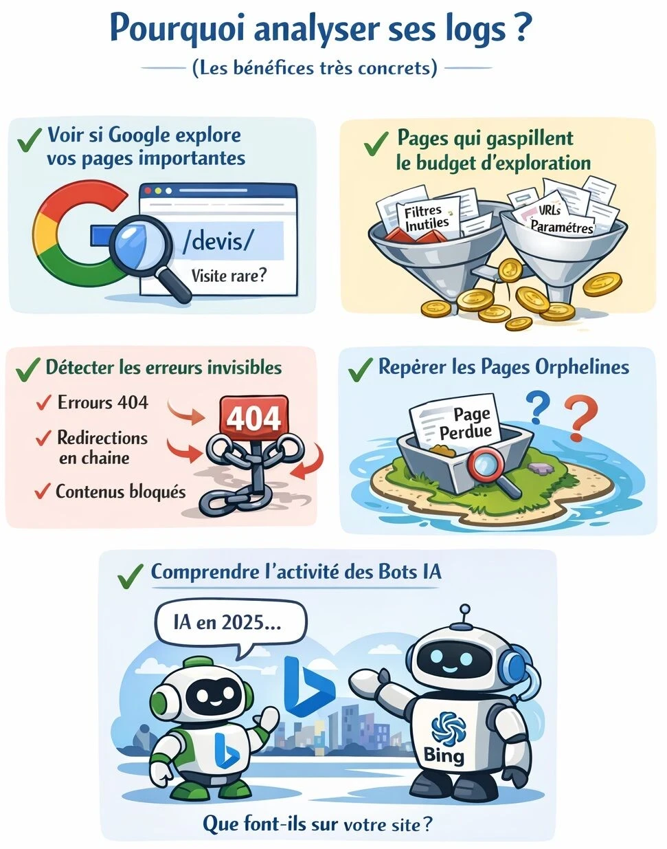 Infographie sur les avantages de l’analyse des logs SEO pour Googlebot, les erreurs techniques, les pages orphelines et les bots IA.