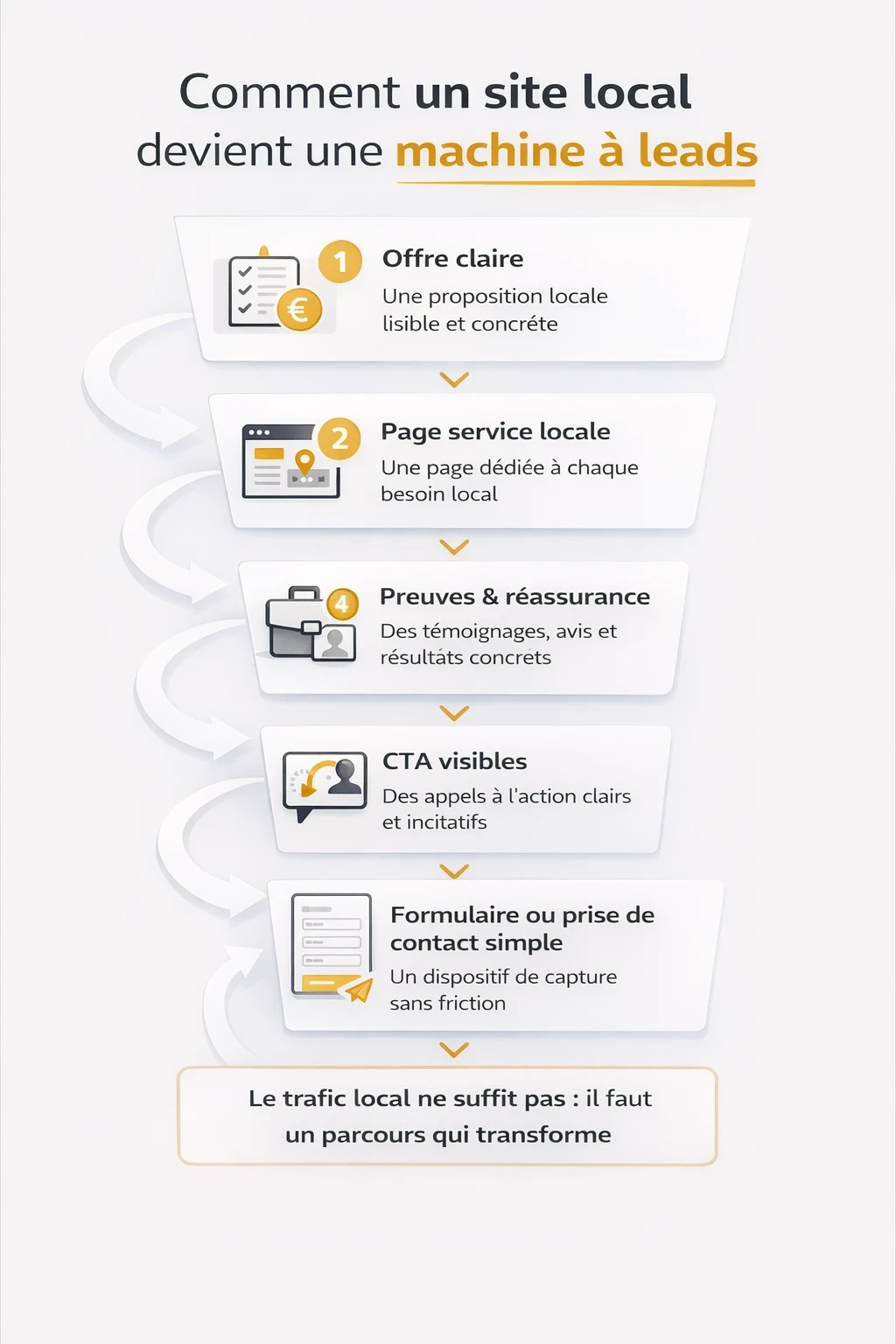 Infographie montrant les 5 étapes pour transformer un site local en machine à leads : offre claire, page service locale, preuves, CTA visibles et prise de contact simple.