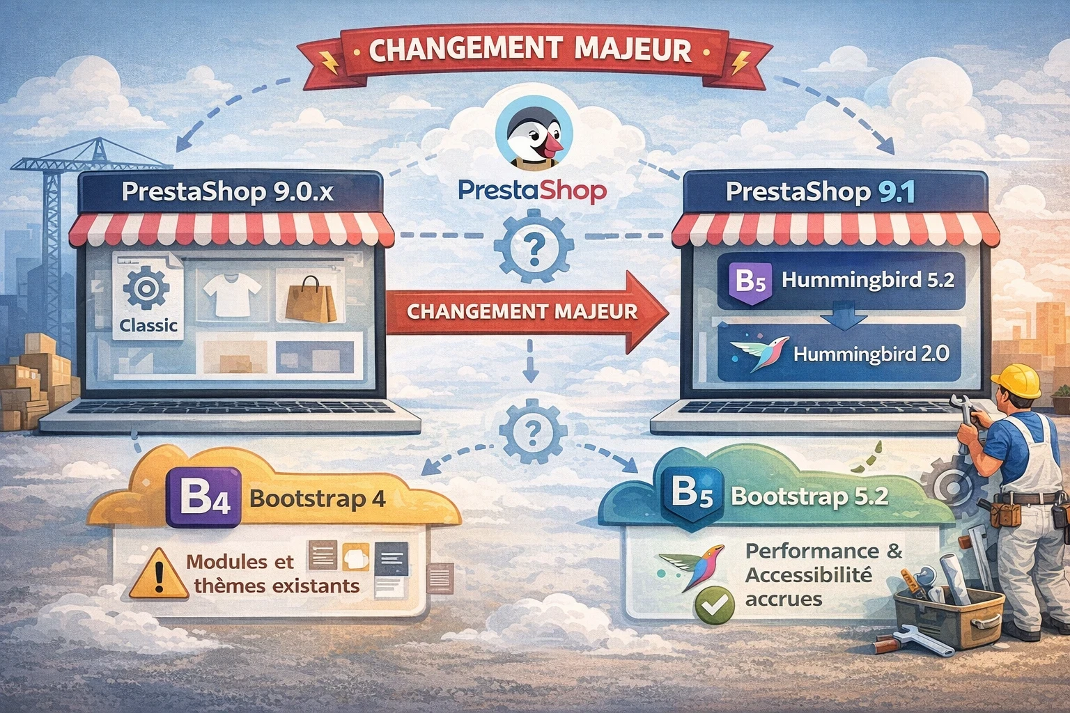 Infographie paysage montrant l’évolution du front-office entre PrestaShop 9.0.x et PrestaShop 9.1, avec passage du thème Classic sous Bootstrap 4 vers Hummingbird 2.0 sous Bootstrap 5.2, illustré par des flèches, des écrans de boutique et des pictogrammes de performance, accessibilité et compatibilité des modules.