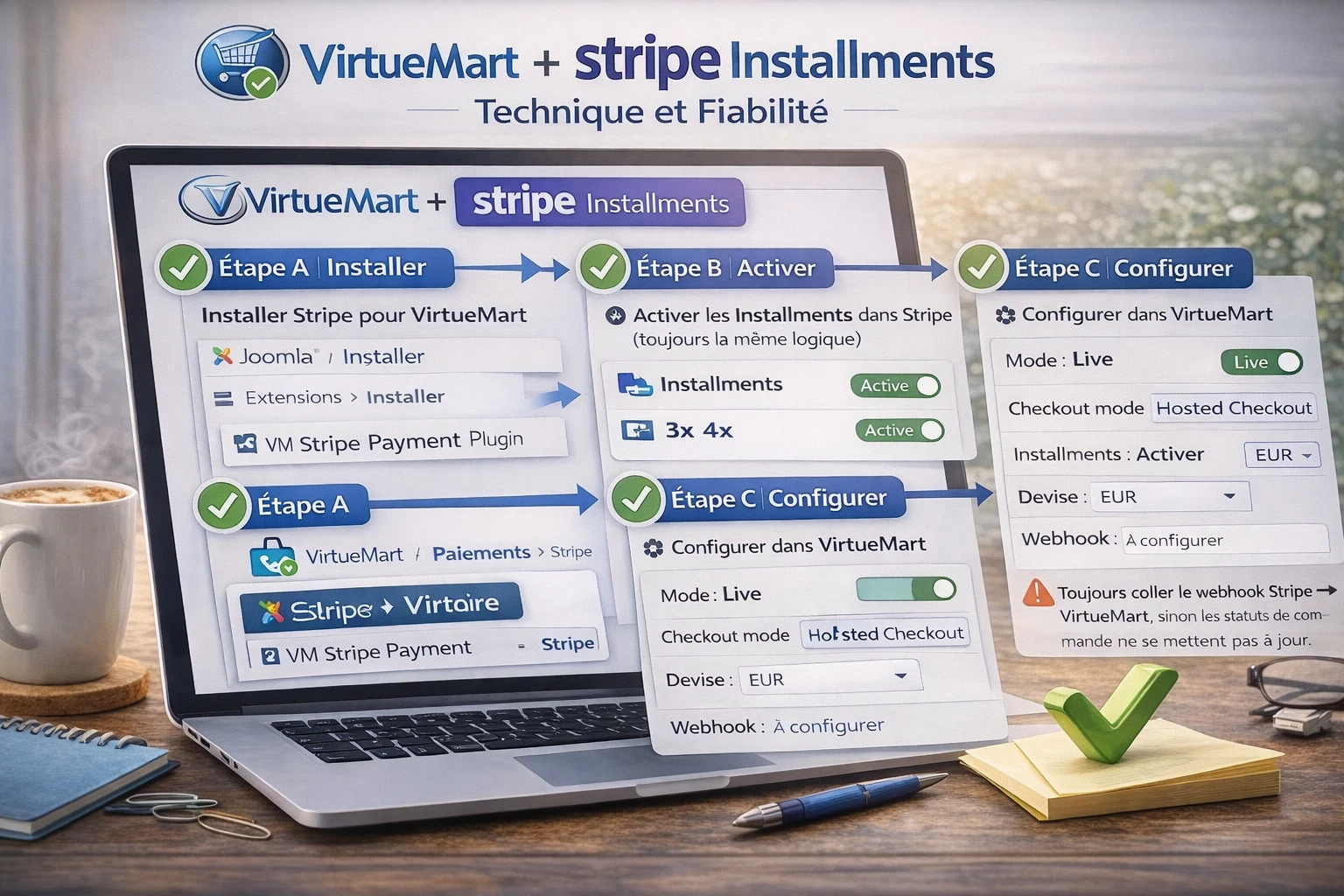 Infographie “VirtueMart + Stripe Installments” : 3 étapes (installer le plugin, activer les échéances dans Stripe, configurer le checkout) avec un focus visuel sur le point clé à ne pas oublier : le webhook Stripe → VirtueMart pour que les statuts de commande se mettent à jour.