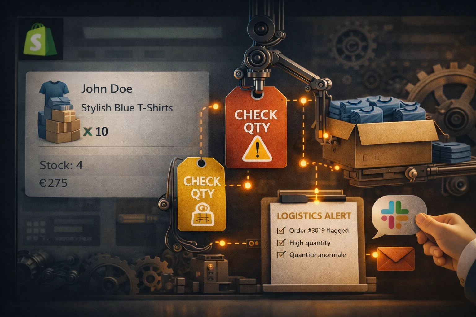 Illustration d’un workflow Shopify Flow : commande avec quantité anormale, tag CHECK_QTY, alerte logistique envoyée (Slack/email) et contrôle avant préparation.