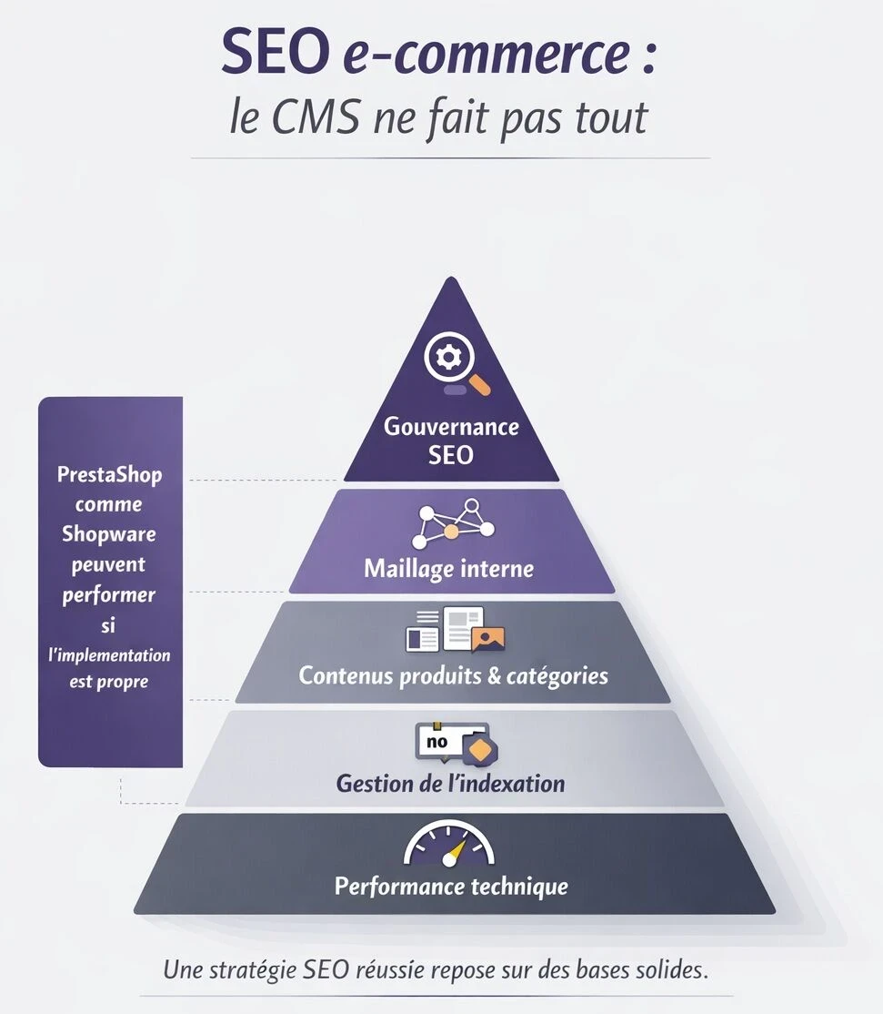Pyramide SEO e-commerce montrant les fondations d’un bon référencement, de la performance technique jusqu’à la gouvernance SEO, avec un message indiquant que PrestaShop et Shopware peuvent tous deux être efficaces si le projet est correctement implémenté.