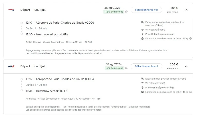 caractéristiques dun vol avec informations sur lespace pour les jambes