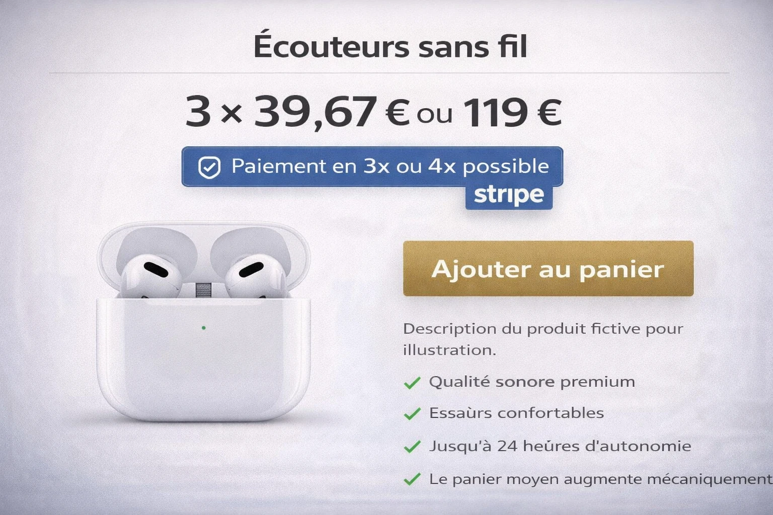 Exemple de fiche produit e-commerce : le prix est présenté d’abord en mensualités (3 × 39,67 €) puis le total (119 €), avec un badge “Paiement en 3x ou 4x possible” juste sous le prix et un bouton “Ajouter au panier”.