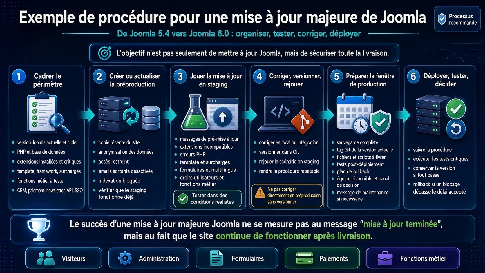 Infographie présentant les six étapes d’une mise à jour majeure de Joomla 5.4 vers Joomla 6.0 : cadrage, préproduction, tests en staging, corrections versionnées, préparation de la production, déploiement et rollback.