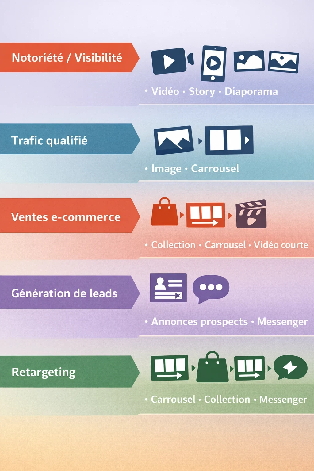 Infographie : quels formats Facebook Ads choisir selon l’objectif (notoriété, trafic, ventes, leads, retargeting).