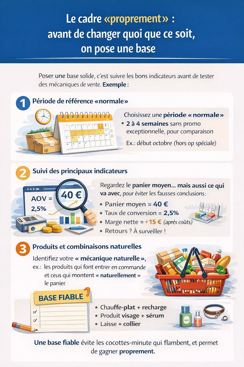 Infographie “Le cadre proprement” en 3 étapes : choisir une période de référence “normale” (2 à 4 semaines sans promo), suivre les indicateurs clés (panier moyen, taux de conversion, marge nette, retours) avec un exemple (AOV 40 €, conversion 2,5 %, marge nette +15 €), puis identifier les combinaisons naturelles de produits pour éviter des packs artificiels.