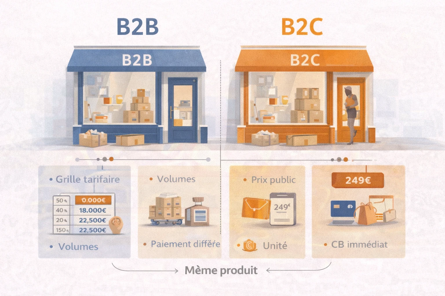 Illustration comparant une boutique B2B et une boutique B2C pour un même produit, mettant en évidence les différences de fonctionnement : grilles tarifaires et volumes en B2B, prix public et paiement immédiat en B2C.