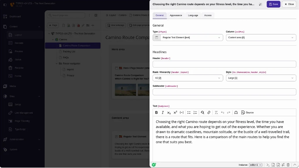 Panneau contextuel de TYPO3 v14 LTS affiché à droite pour modifier un contenu sans quitter la mise en page