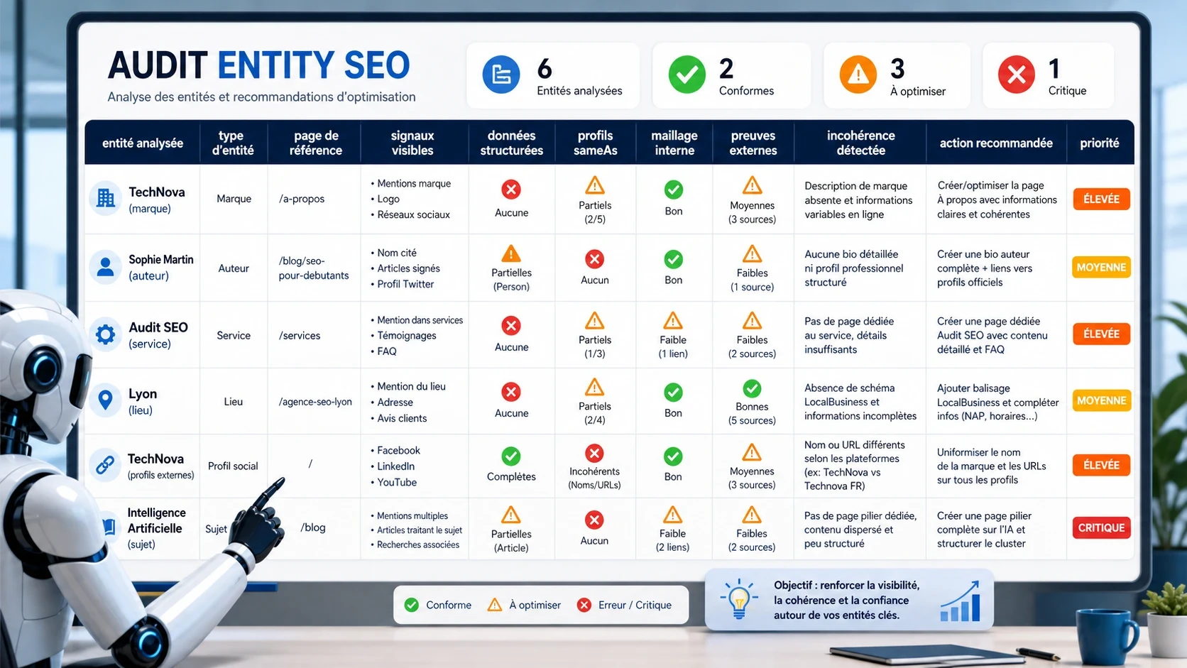 Tableau visuel d’audit Entity SEO avec entités, signaux visibles, données structurées, cohérence et actions recommandées.