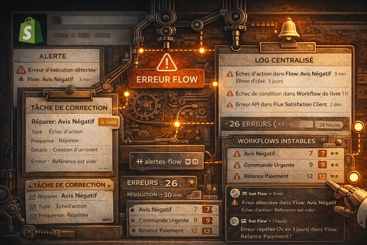 Illustration d’un workflow Shopify Flow : détection d’erreur d’exécution, alerte envoyée sur un canal dédié, log centralisé des incidents et création automatique d’une tâche de correction, avec suivi du nombre d’erreurs et du temps de résolution.