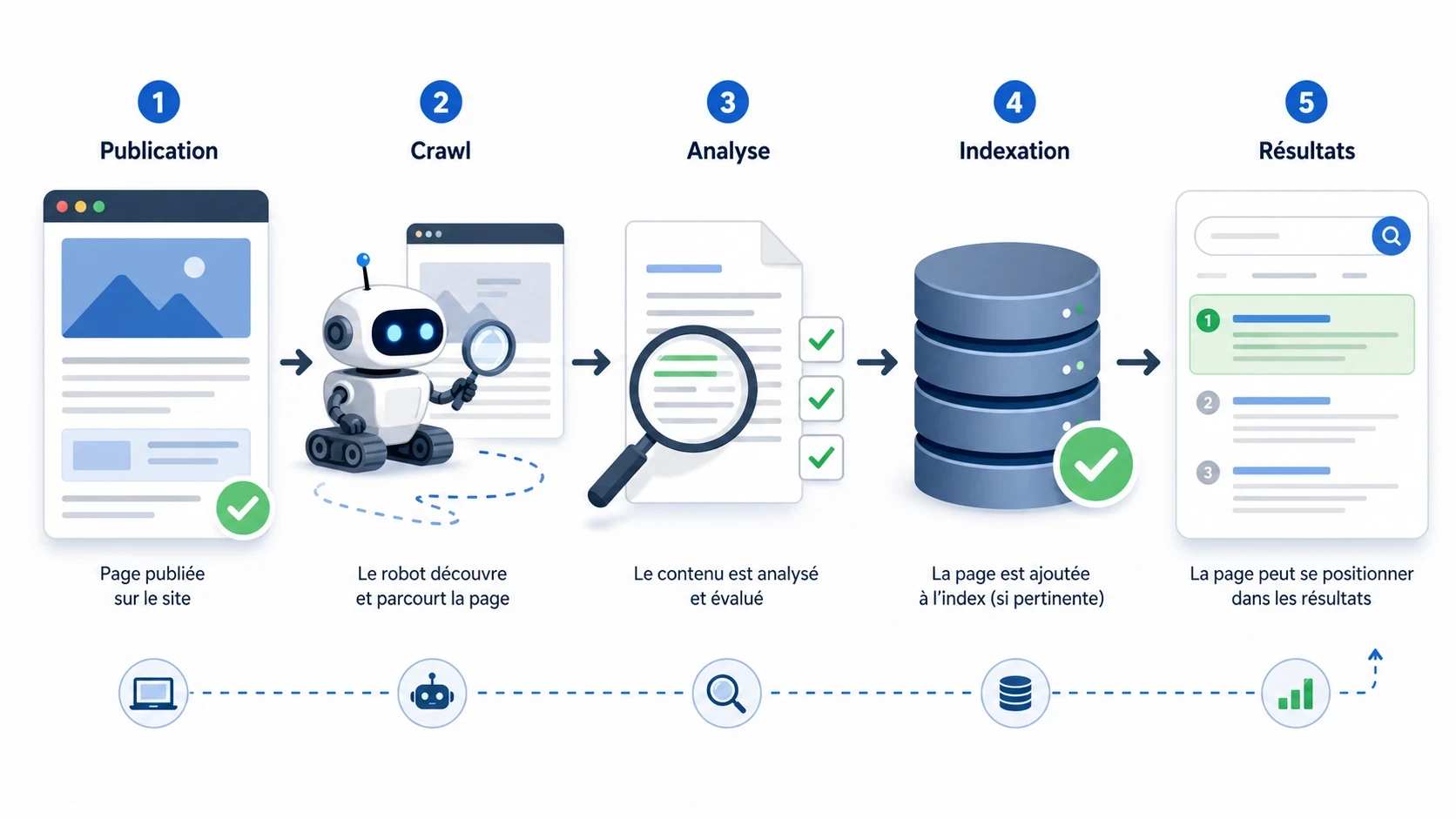 Schéma montrant les étapes entre la publication d’une page, son crawl, son indexation et son positionnement sur Google.
