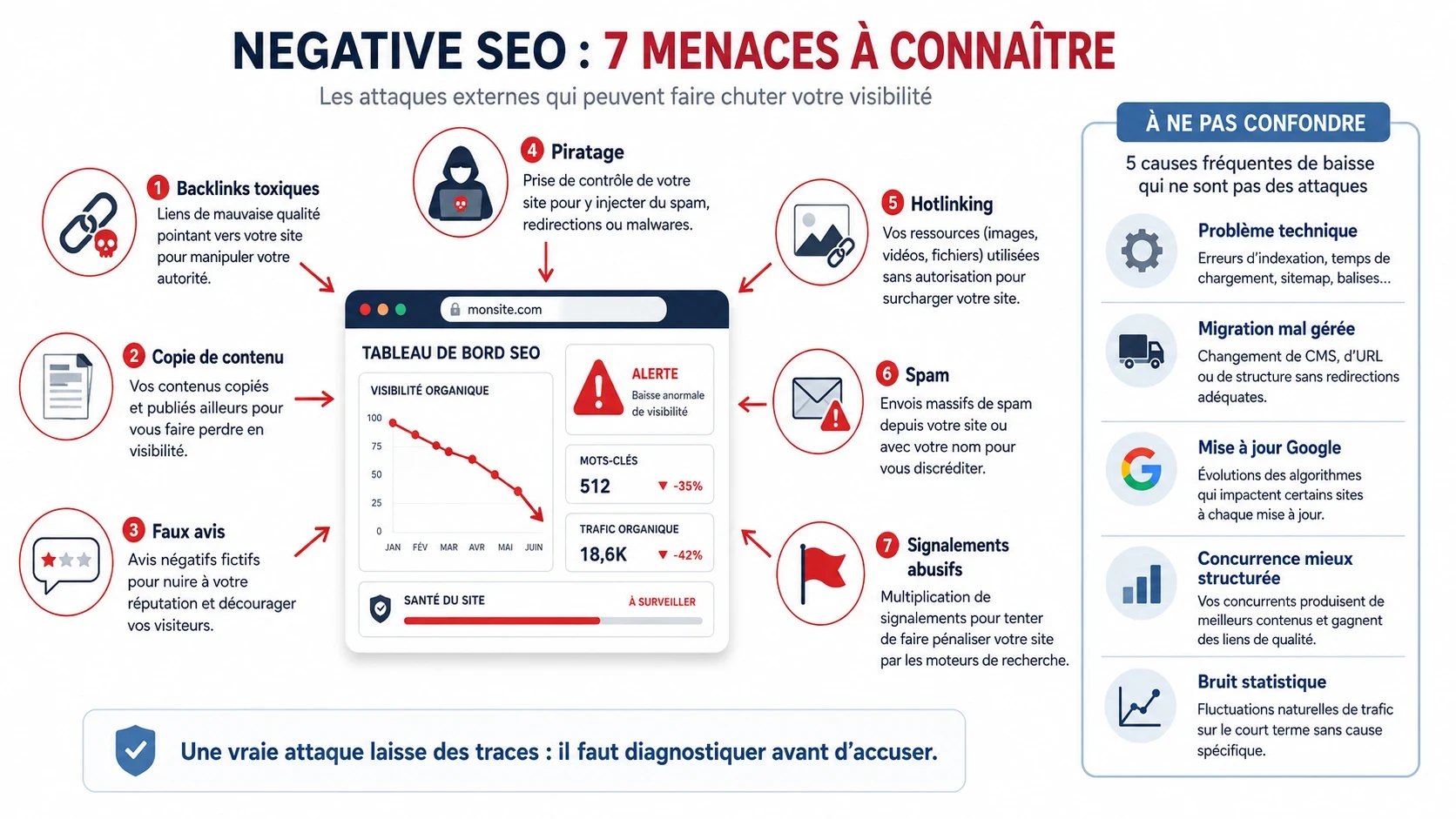 Infographie expliquant le Negative SEO avec 7 menaces possibles — backlinks toxiques, copie de contenu, faux avis, piratage, hotlinking, spam et signalements abusifs — tout en rappelant qu’une baisse de visibilité peut aussi venir d’un problème technique, d’une migration, d’une mise à jour Google ou de la concurrence.