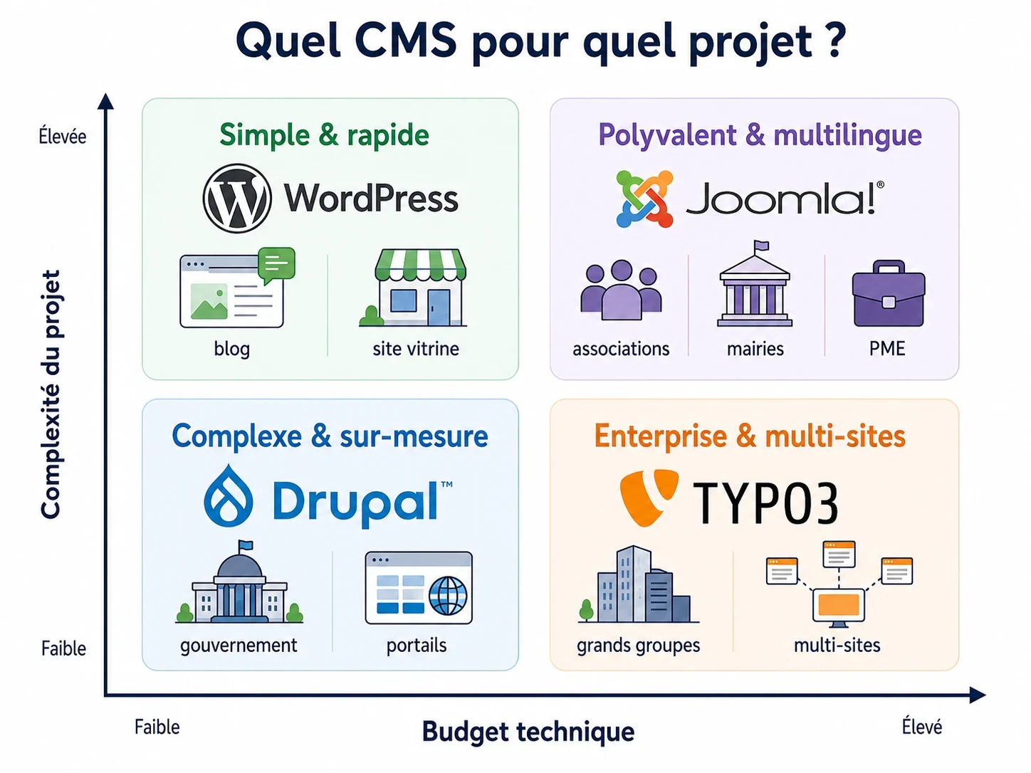 Matrice de choix : quel CMS pour quel projet en 2026 ? Alt text SEO : matrice choix CMS WordPress Joomla Drupal TYPO3 selon projet et budget