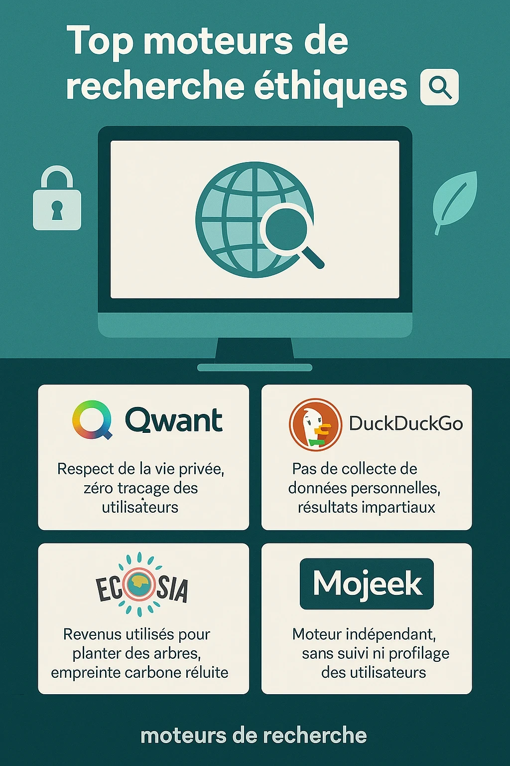 Infographie présentant quatre moteurs de recherche éthiques : Qwant, DuckDuckGo, Ecosia et Mojeek, avec leurs avantages en matière de confidentialité, d’écologie et d’indépendance.