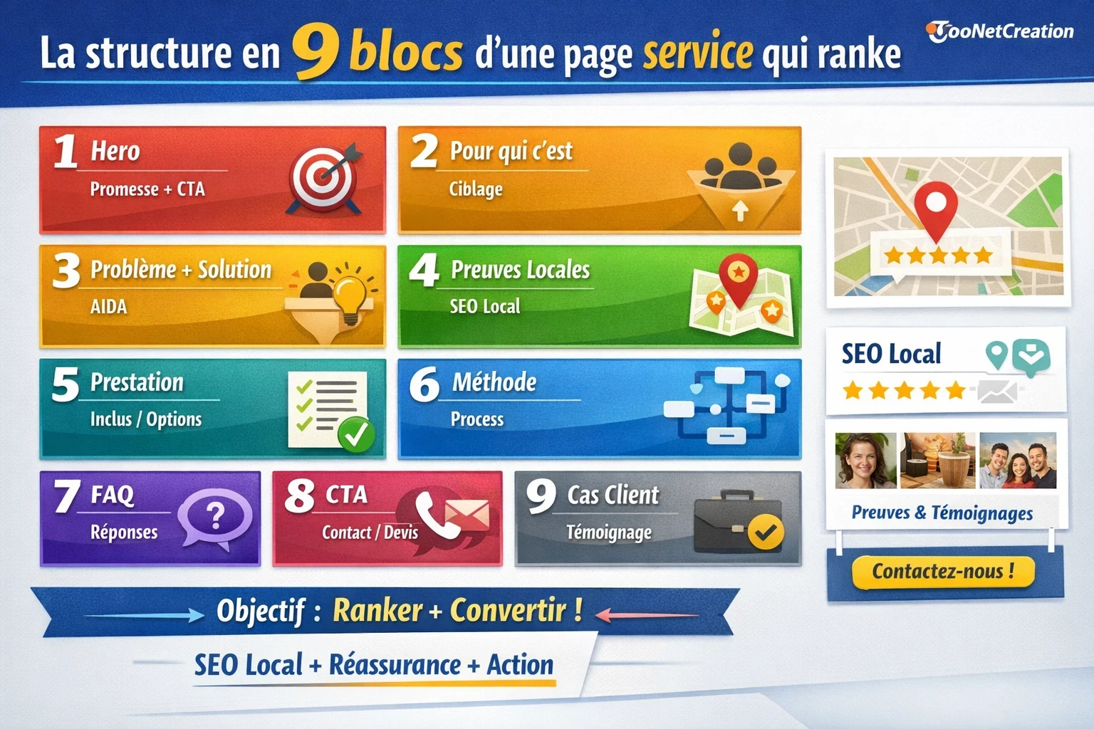Infographie en paysage : “La structure en 9 blocs d’une page service qui ranke” (Hero, ciblage, problème+solution, preuves locales, prestation, méthode, FAQ, CTA, cas client) – objectif : ranker et convertir grâce au SEO local, à la réassurance et à l’action.