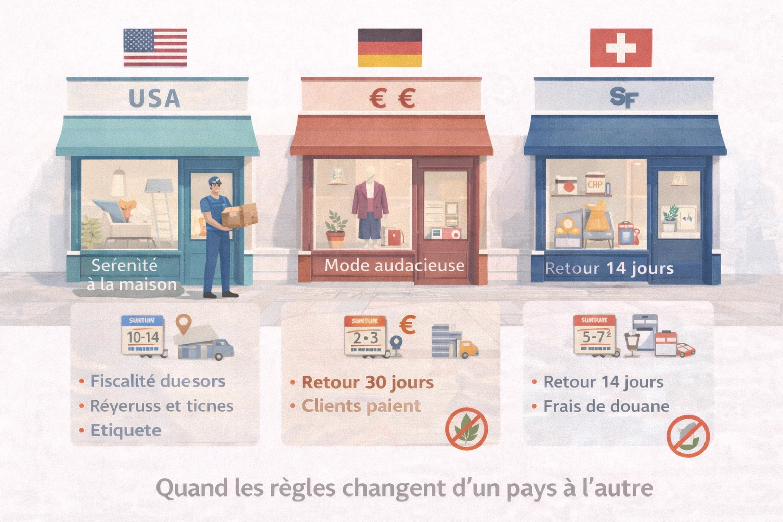 Infographie illustrant le cas n°2 “vente dans des pays aux règles différentes” : une même marque déclinée sur plusieurs pays avec drapeaux, devises et règles distinctes (TVA, livraison, retours, mentions légales), montrant que le multistore devient pertinent quand les contraintes locales divergent fortement.