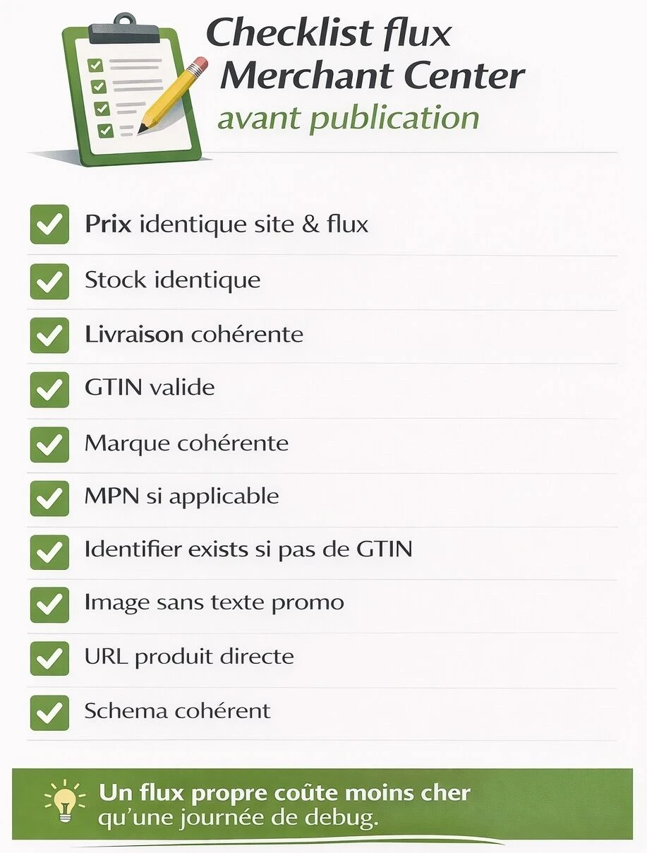 Checklist de validation d’un flux Merchant Center avant publication.