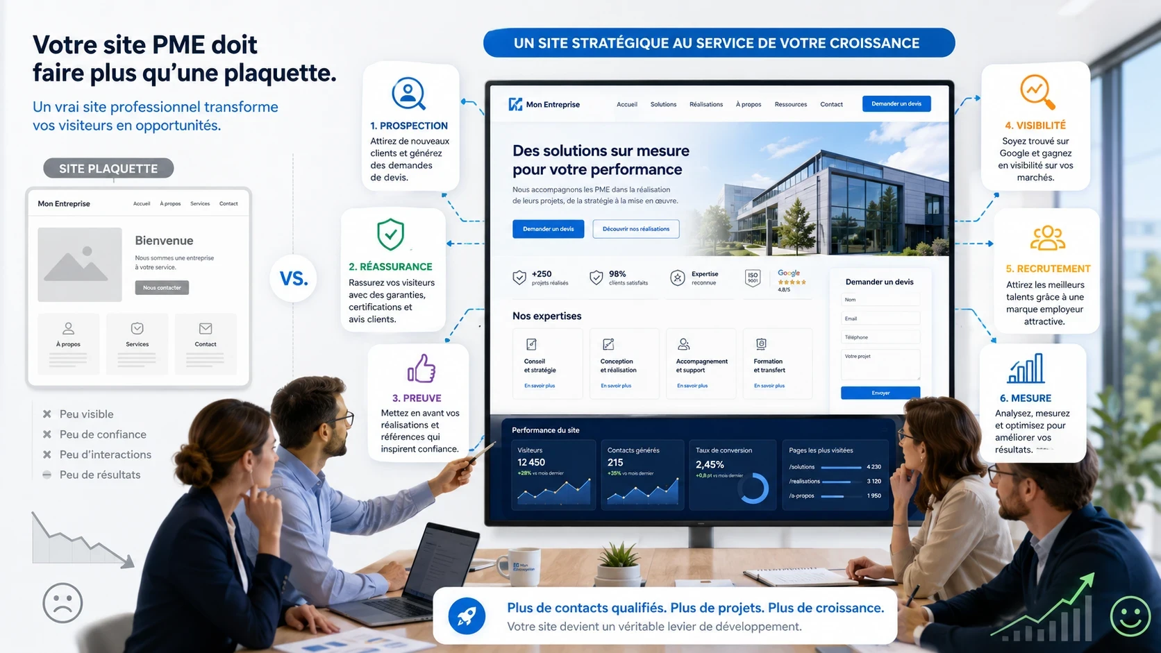 Comparaison entre un site plaquette PME peu efficace et un site web professionnel orienté prospection, réassurance, visibilité, preuve, recrutement et mesure des performances