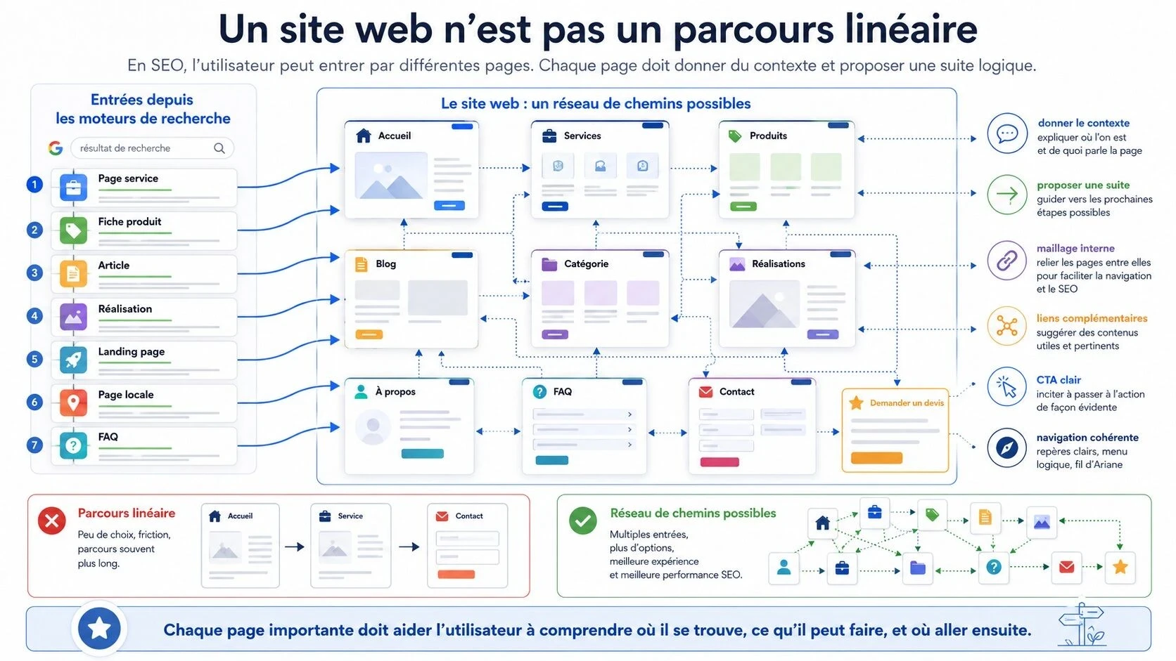 Illustration représentant un site web comme un réseau de parcours non linéaires, avec différentes pages d’entrée depuis les moteurs de recherche reliées entre elles par le maillage interne, les liens contextuels et les appels à l’action.