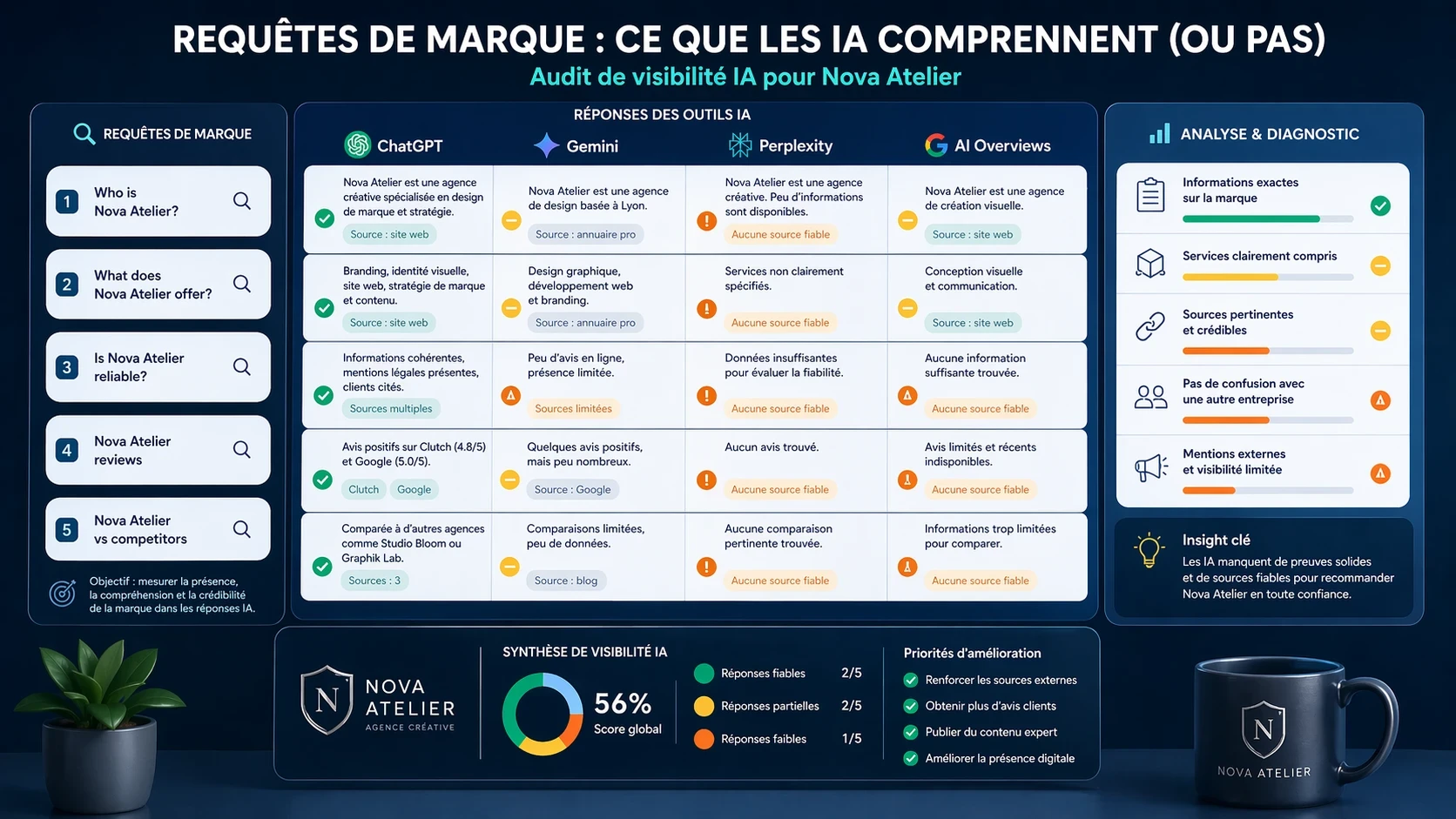 Tableau de bord d’audit de visibilité IA pour Nova Atelier montrant comment ChatGPT, Gemini, Perplexity et Google AI Overviews répondent à des requêtes de marque, avec analyse des sources, compréhension des services et score global de visibilité