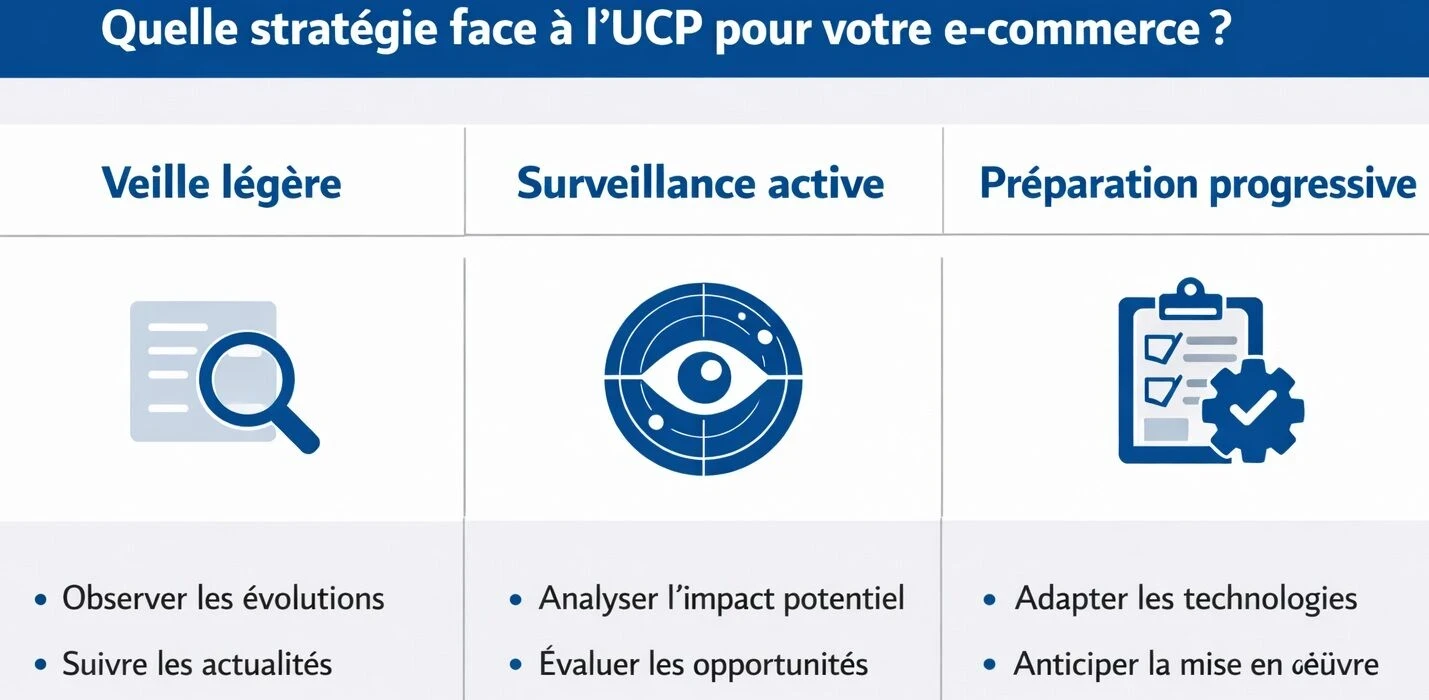 Infographie paysage montrant trois niveaux de préparation à UCP pour un site e-commerce : veille légère, surveillance active et préparation progressive.