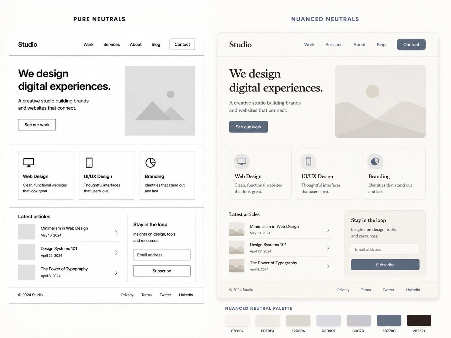 Comparaison entre une interface utilisant des neutres purs et une interface avec des neutres nuancés, montrant comment beige, gris bleuté, ivoire et brun foncé renforcent subtilement l’identité visuelle.