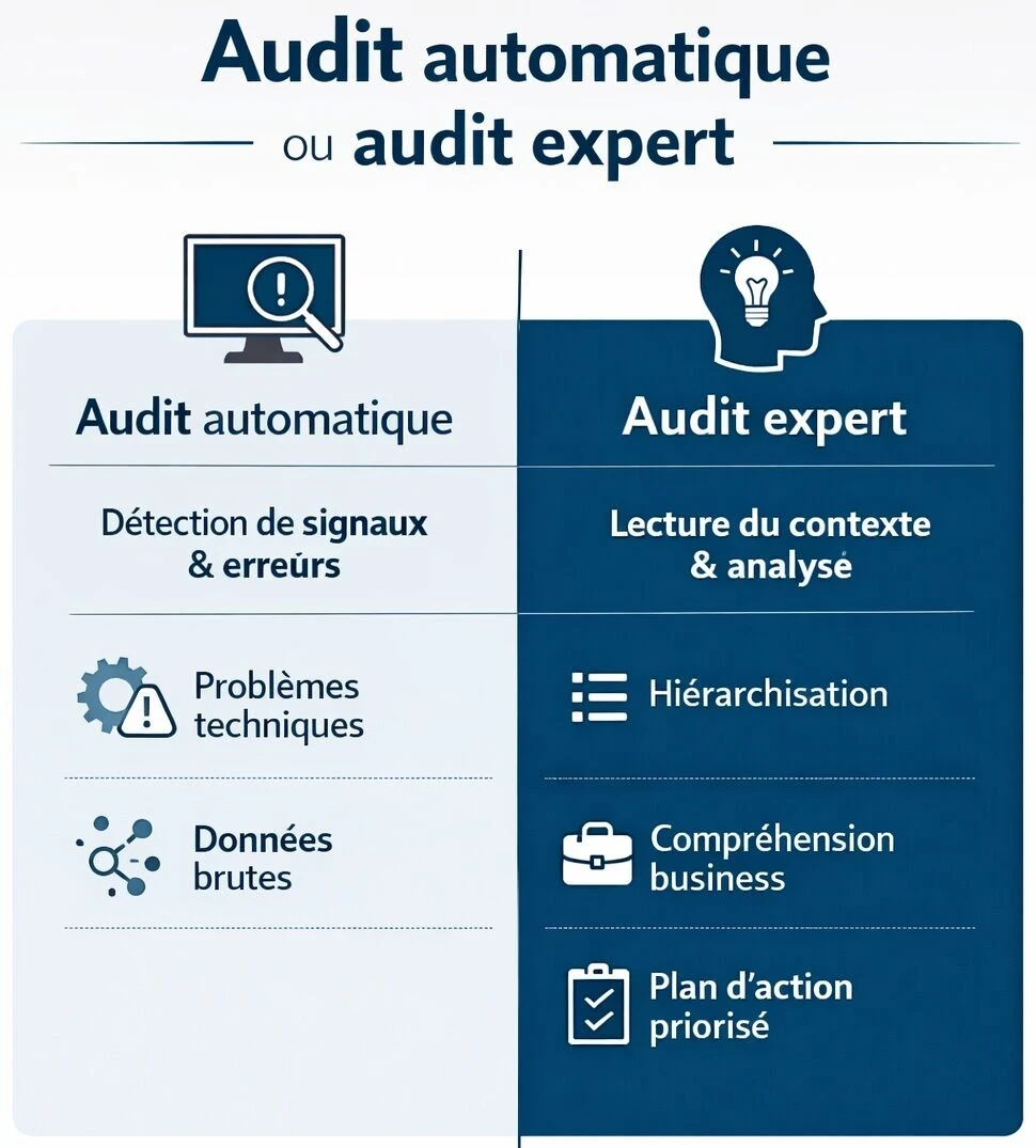 Infographie comparative en français intitulée « Audit automatique ou audit expert ». Elle oppose deux approches : l’audit automatique, qui détecte des signaux et des erreurs, et l’audit expert, qui apporte lecture du contexte, hiérarchisation, compréhension business et plan d’action priorisé.