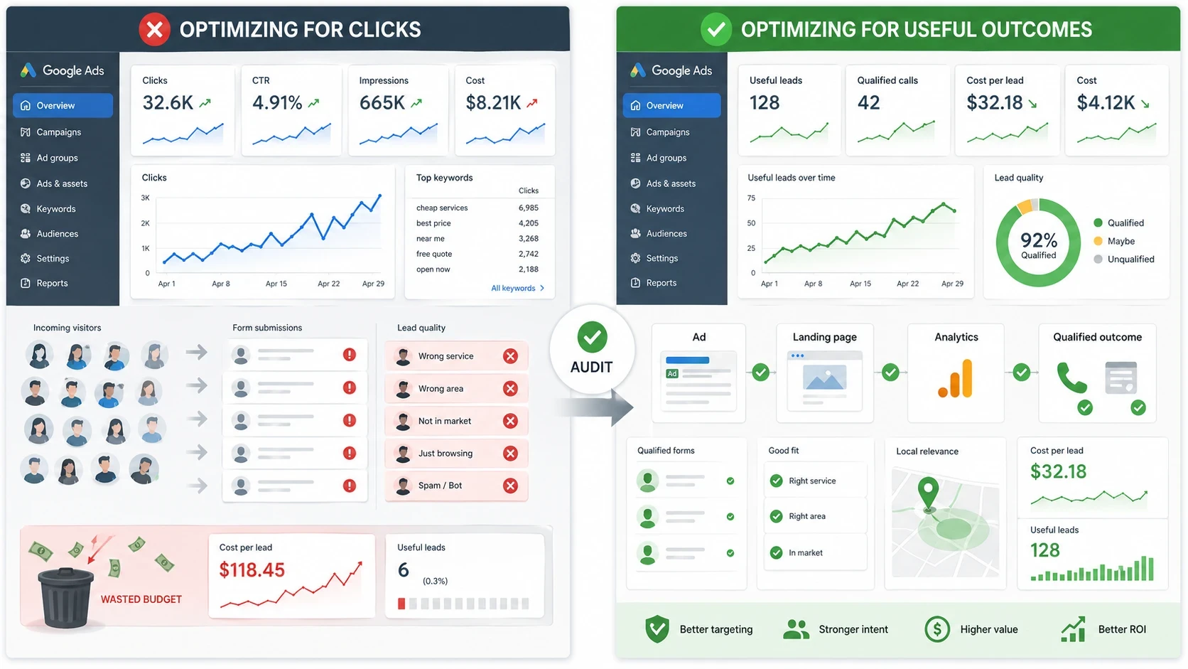 Comparaison entre une campagne Google Ads pilotée au clic et une campagne pilotée au contact utile, montrant qu’un audit permet de passer d’un budget gaspillé sur des clics peu qualifiés à des leads, appels et conversions réellement exploitables