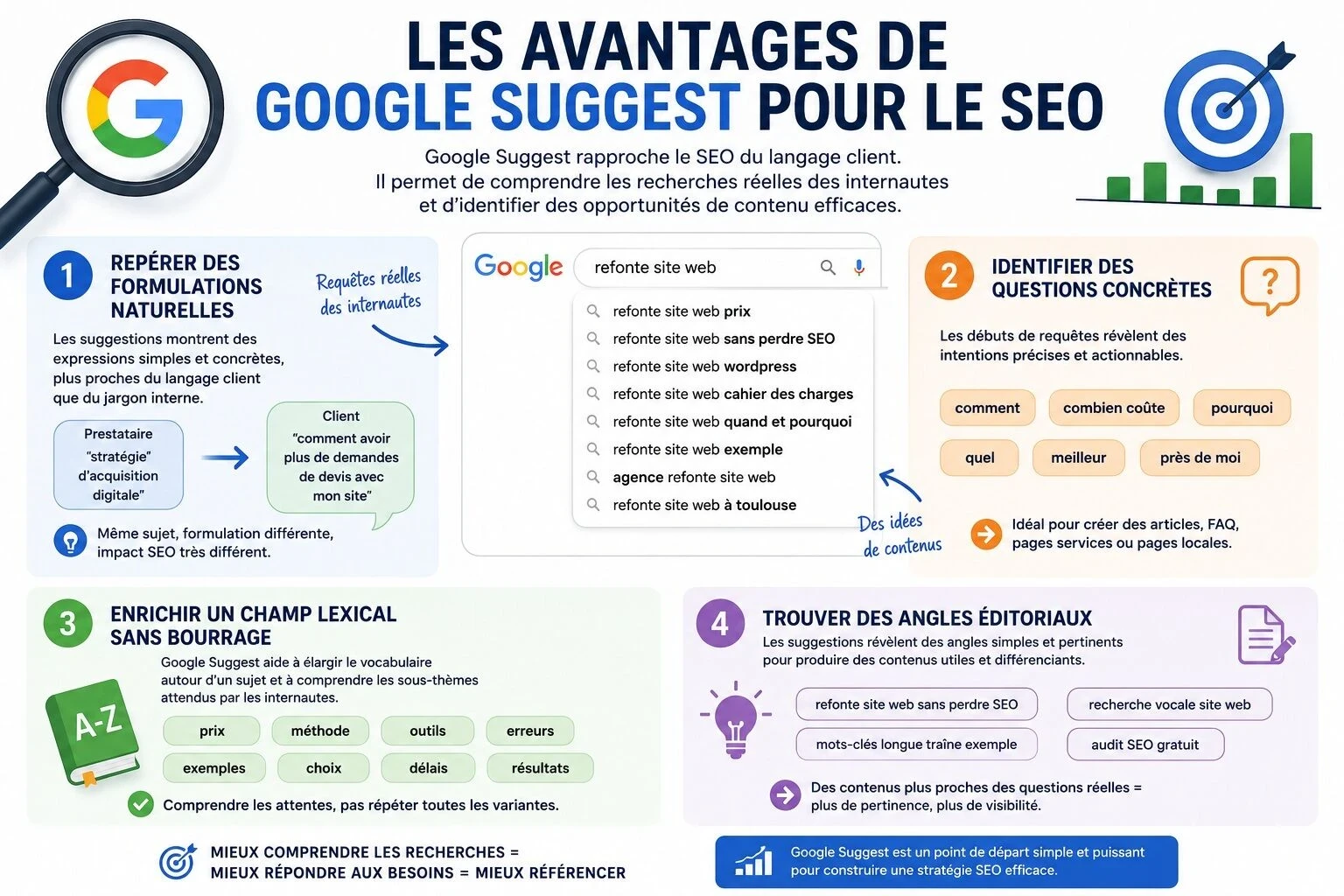 Infographie sur les avantages de Google Suggest pour le SEO : formulations naturelles, questions concrètes, enrichissement du champ lexical et angles éditoriaux