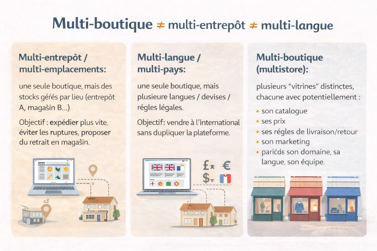 Infographie expliquant la différence entre multi-entrepôt, multi-langue et multi-boutique en e-commerce : une boutique avec plusieurs stocks par emplacement, une boutique internationale avec langues et devises multiples, et plusieurs boutiques distinctes avec catalogues, prix, règles et équipes spécifiques, illustrées par des exemples visuels clairs.