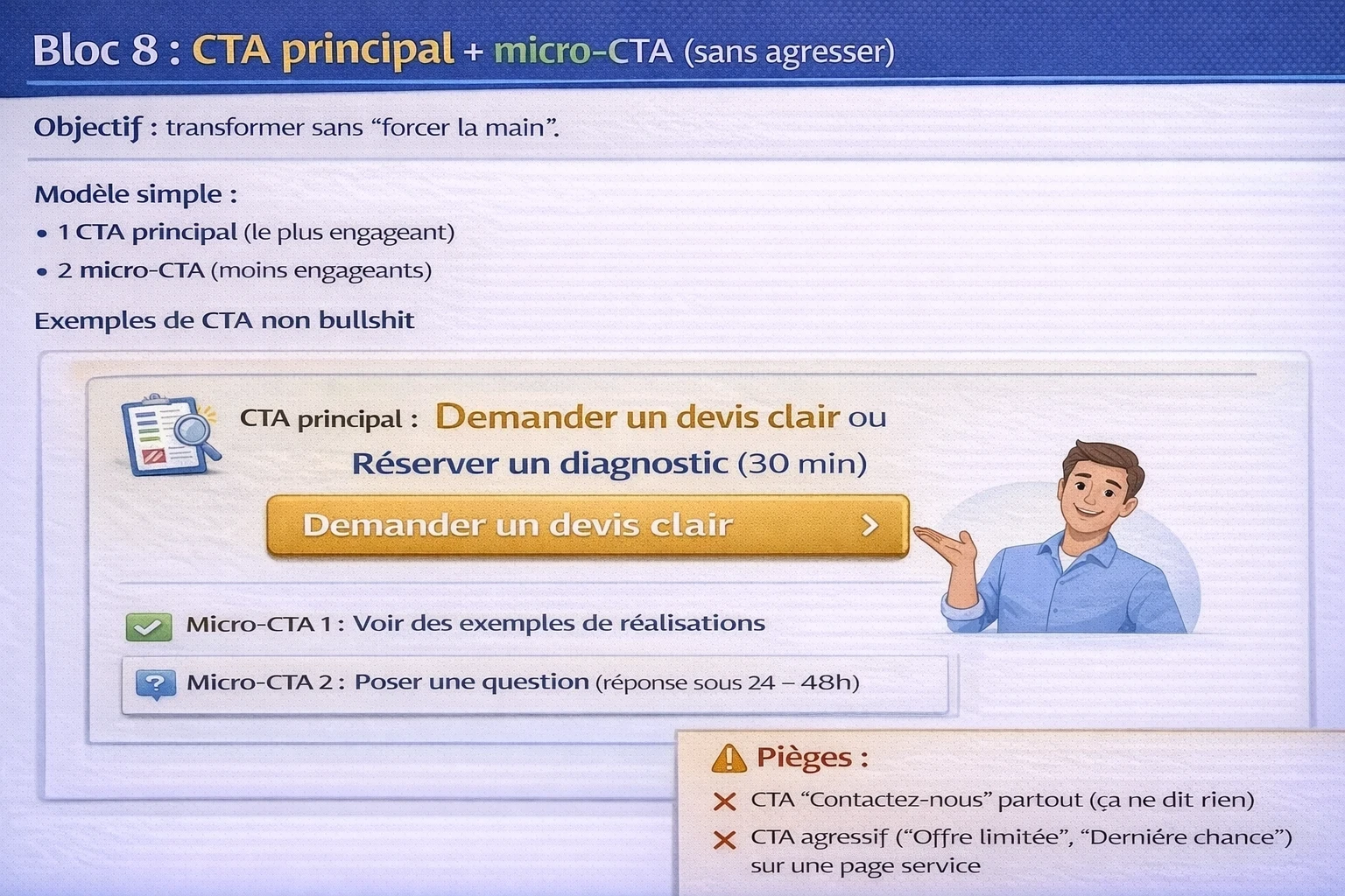 Bloc 8 : CTA principal + micro-CTA (sans agresser)” : modèle avec 1 CTA principal et 2 micro-CTA, exemples de wording (“Demander un devis clair”, “Réserver un diagnostic (30 min)”, “Voir des exemples de réalisations”, “Poser une question – réponse sous 24–48h”) et pièges à éviter (CTA “Contactez-nous” partout, CTA agressif “Offre limitée / Dernière chance”).