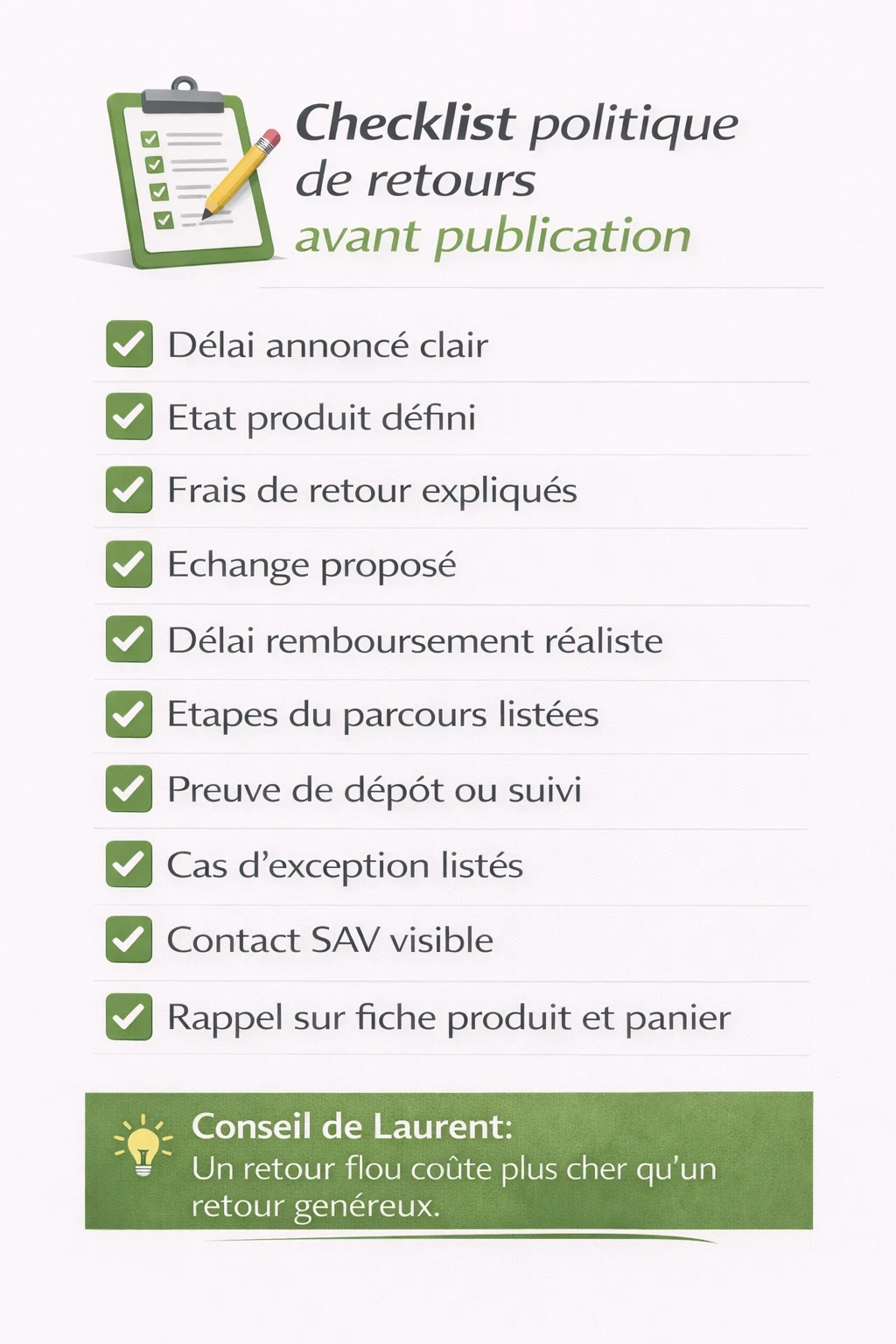 Checklist en dix points pour valider une politique de retours e-commerce avant mise en ligne.