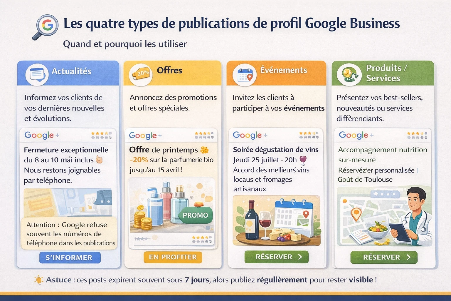 Infographie “Les quatre types de publications de profil Google Business” présentant les formats Actualités, Offres, Événements et Produits/Services, avec pour chacun l’objectif, un exemple de post et un rappel de publier régulièrement car les posts expirent souvent sous 7 jours.