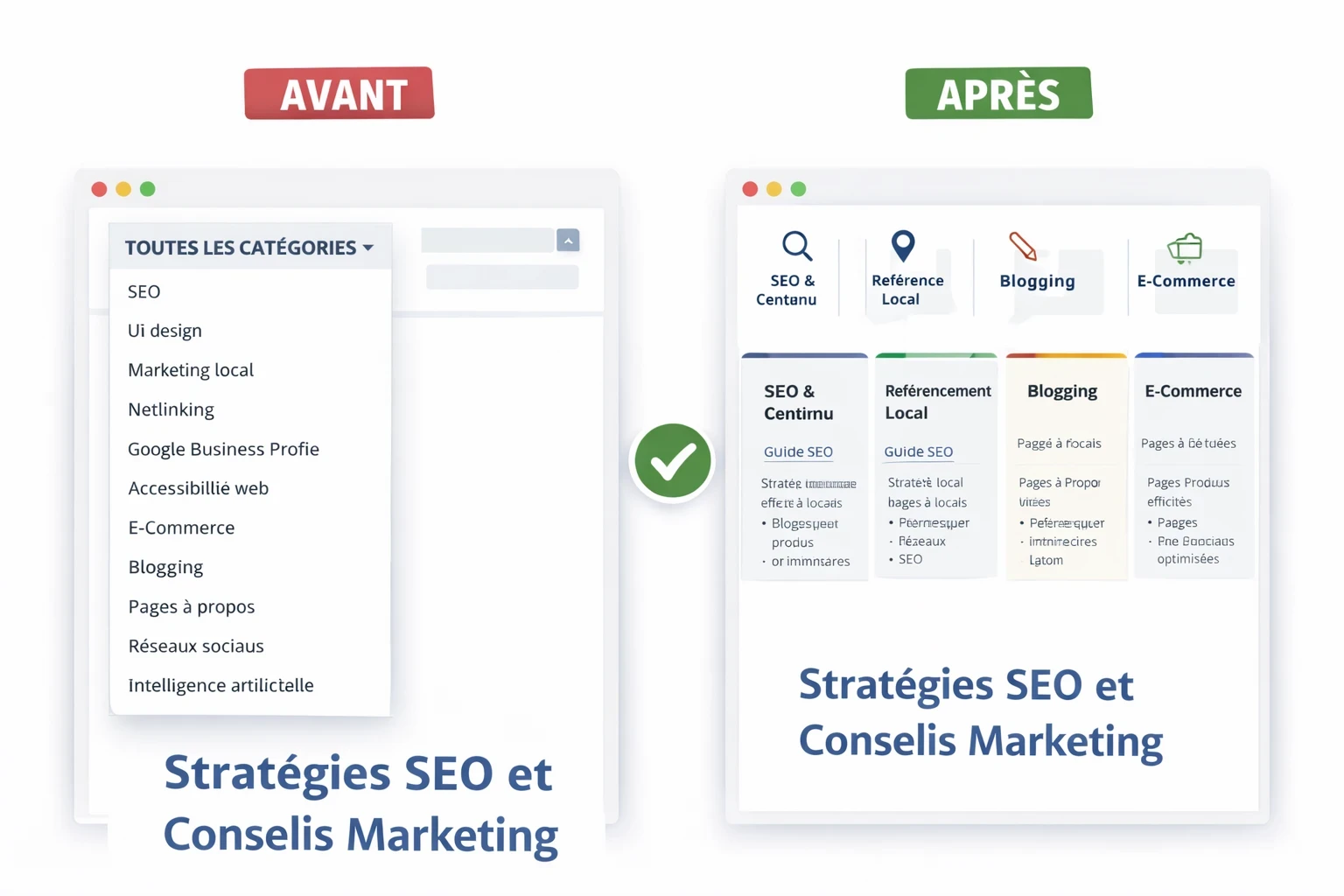 Refonte d’un blog SEO, comparaison avant/après avec menu surchargé remplacé par quatre catégories principales, pages piliers et liens internes mieux structurés.