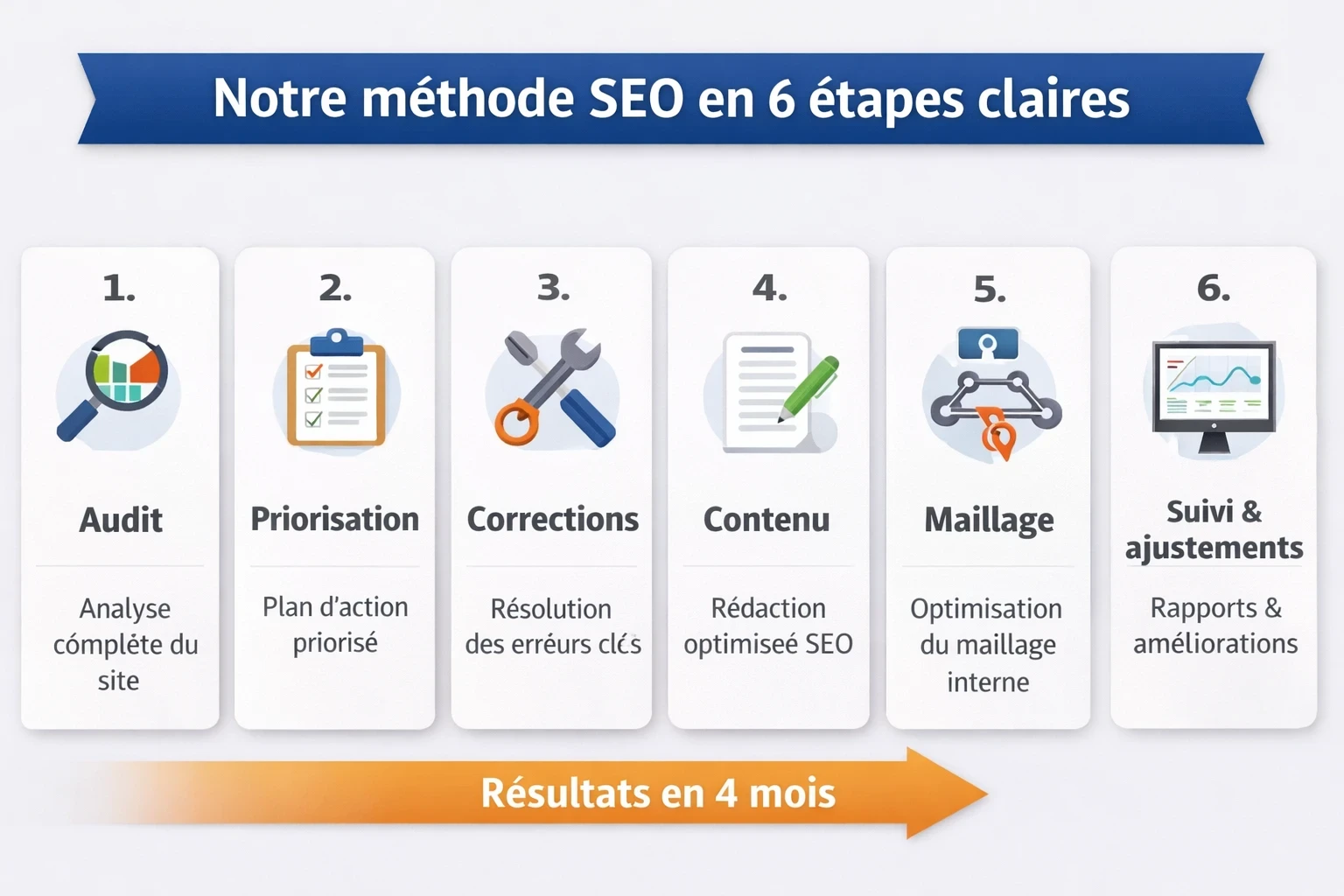 Infographie présentant une méthode SEO en 6 étapes claires. Six cartes numérotées avec icônes affichent Audit, Priorisation, Corrections, Contenu, Maillage interne, puis Suivi et ajustements. Une flèche en bas indique “Résultats en 4 mois”, pour montrer une démarche structurée avec livrables et pilotage dans la durée.