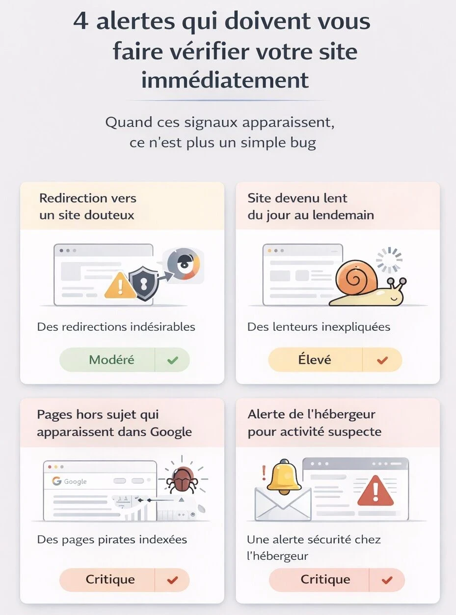 Infographie montrant quatre alertes majeures d’un site compromis : redirection douteuse, forte lenteur soudaine, pages SEO hors sujet dans Google et alerte de l’hébergeur.