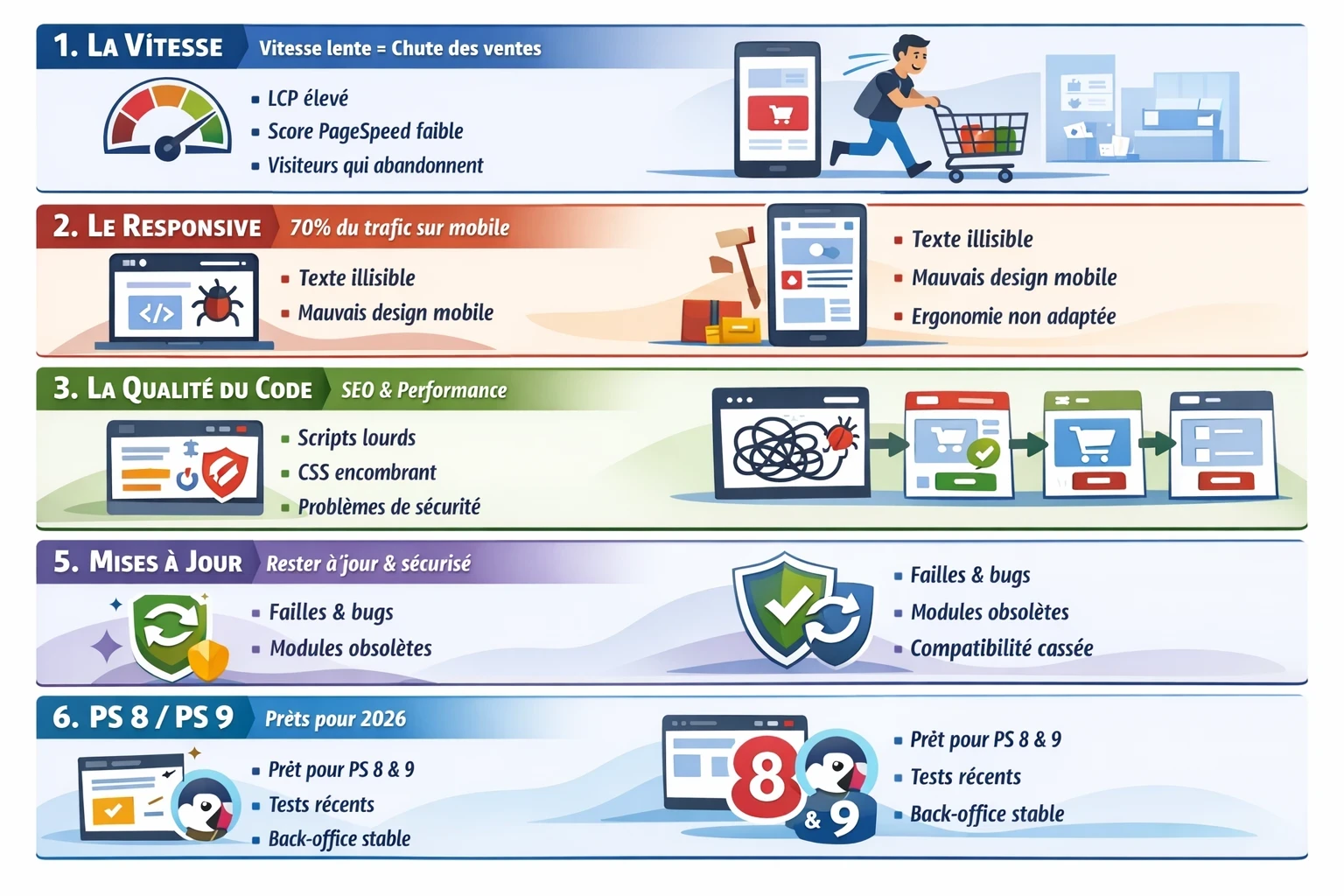 Infographie horizontale en français présentant 6 critères essentiels pour choisir un thème PrestaShop performant : vitesse, responsive mobile, qualité du code, expérience utilisateur, mises à jour et compatibilité PrestaShop 8 / 9, avec icônes visuelles liées à la performance, au mobile, à la sécurité et au e-commerce.