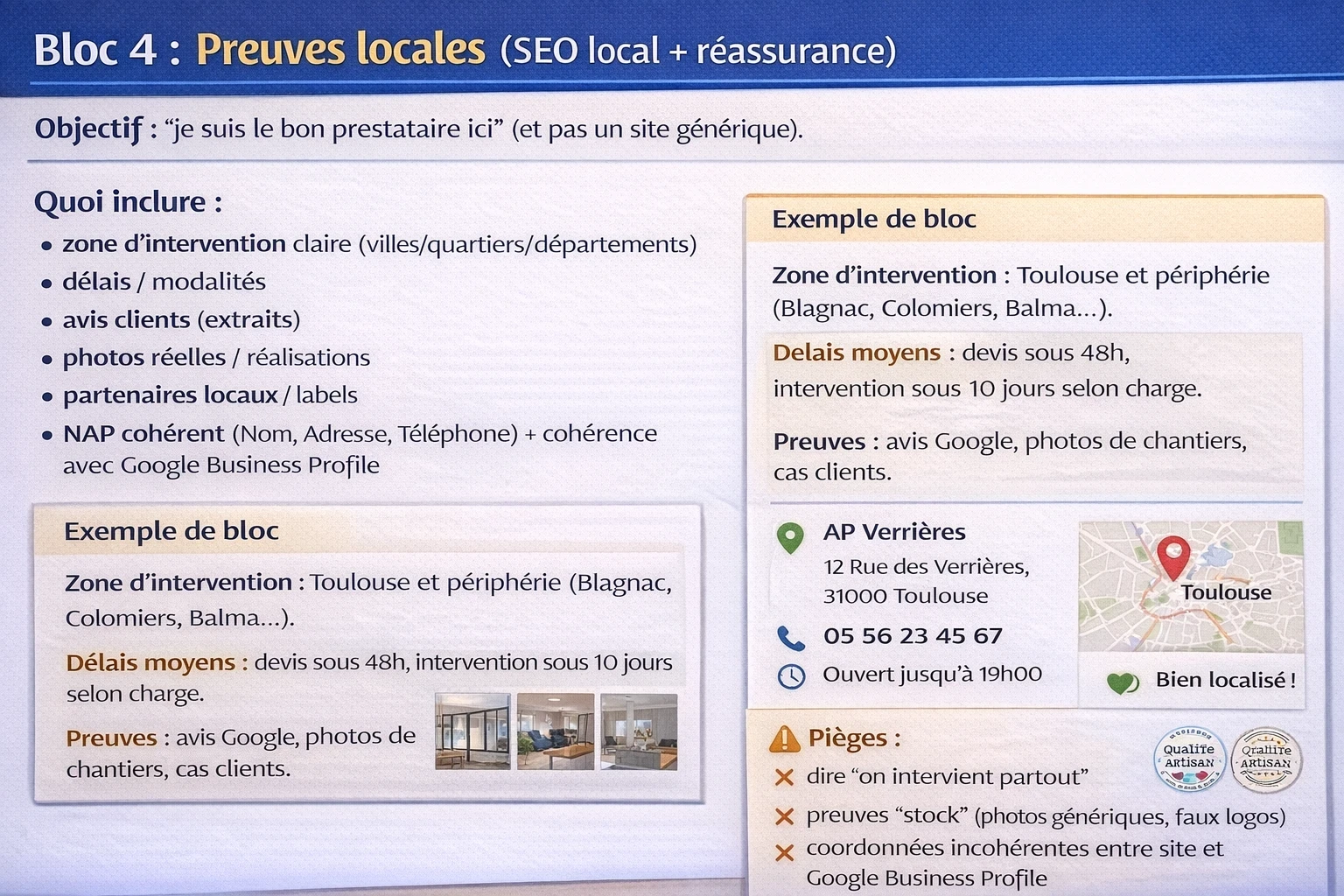 Bloc 4 : Preuves locales (SEO local + réassurance)” : liste des éléments à inclure (zone d’intervention, délais, avis clients, photos réelles, partenaires/labels, NAP cohérent et cohérence avec Google Business Profile), exemple de bloc “Toulouse et périphérie” + encadré “Pièges” (intervient partout, preuves stock, coordonnées incohérentes).